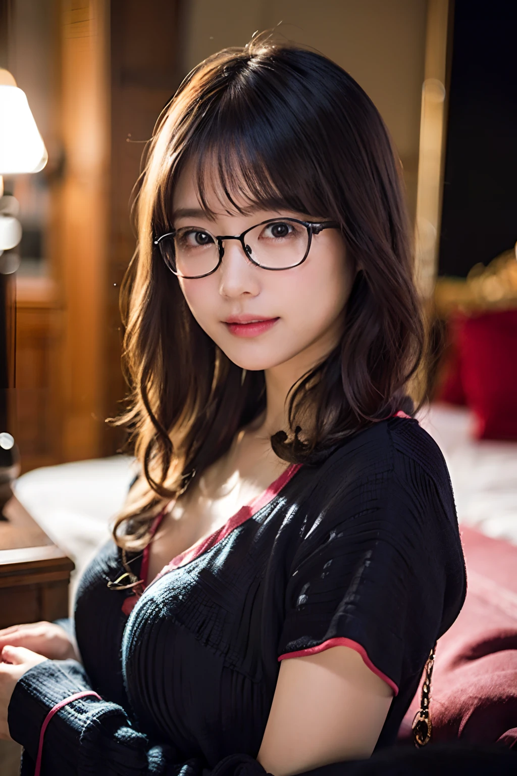 (8K、Raw photography、top-quality、masterpiece:1.2)、(realisitic、Photorealsitic:1.37)、ultra-detailliert、超A high resolution、1人、see the beholder、beautifull detailed face、A smile with a little visible teeth、Constriction、(Slim waist) :1.3)、((Cute pajamas))、pastel clothing、Beautiful detailed skin、Skin Texture、Floating hair、((fluffy hairstyle))、large breasts with good shape、Professional Lighting、autumn night、Bedroom、((Black square glasses ))、Whole human body、Black hair、((Shameful appearance))、Pay attention to your audience、