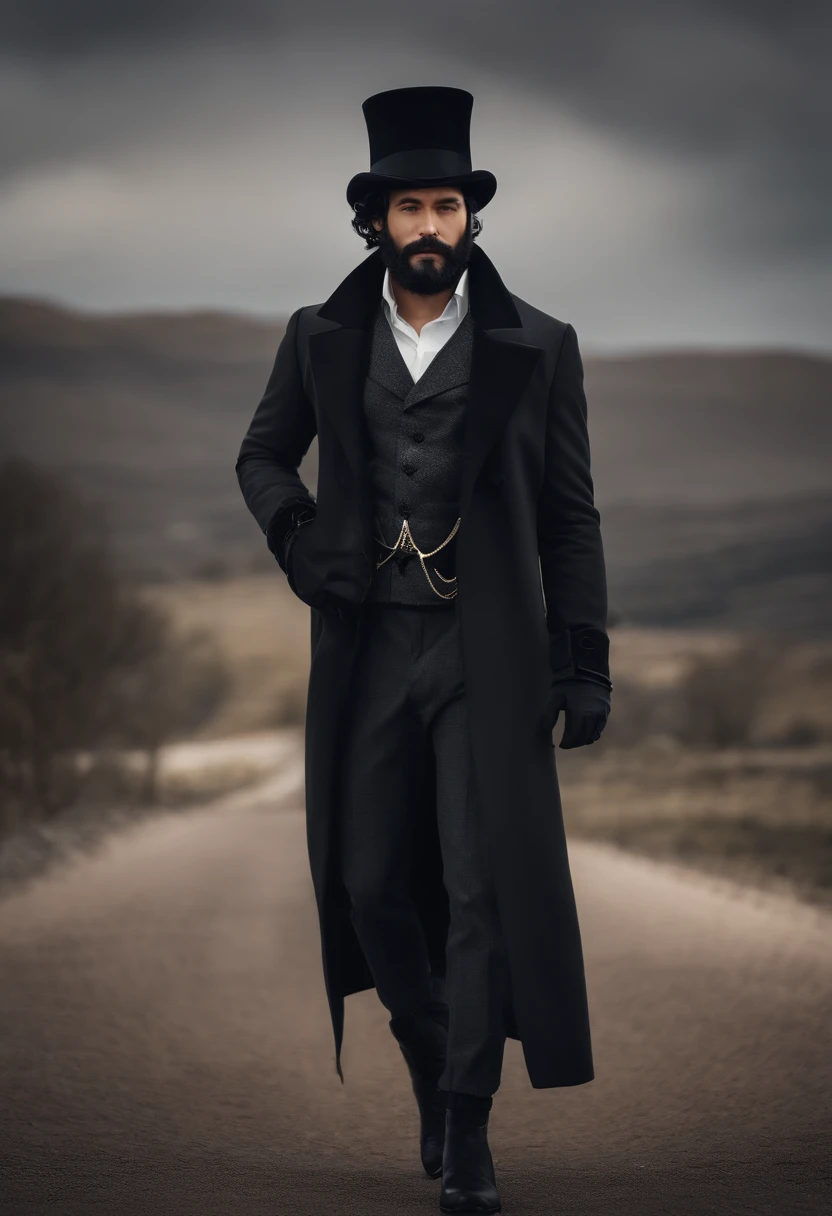 Black hair, Mini top hat, shadowing, tachi-e, angle of view, Atmospheric perspective, 8K, Super detail, ccurate, Best quality，Beard，ssmile，wind coat，greys