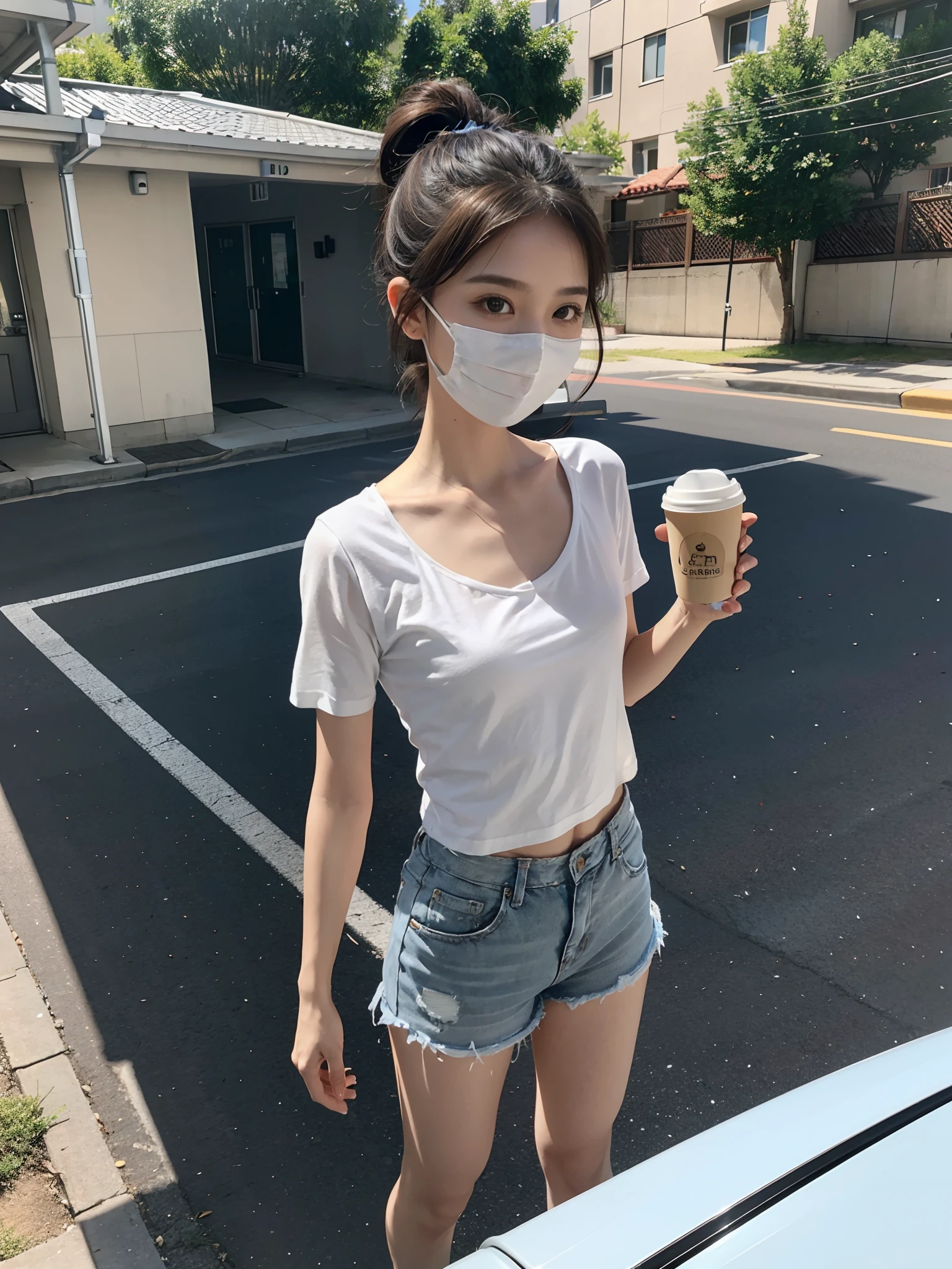 ((Small lower chest,Tomboyish,small heads)), (Well-defined abs: 1.1), (perfect bodies: 1.1), (short-length straighthair: 1.2), Black hair,short ponytail hair，Upper body, attractive collarbone，（极其细致的CG 8k壁纸），（Extremely refined and beautiful），（Masterpiece），（best qualtiy：1.0），（超高分辨率：1.0），beautiful light up，Perfect lightning，realistic shaded，[A high resolution]，Smooth and flawless fair skin，ultra - detailed ，Elongated legs，(Small breasts:1.1)，Flat chest，Slim，emaciated，Smile，cheerfulness，Light gray mask，（Camel short-sleeved T-shirt:1.1），（White sheer tulle shorts：1.1），white short socks, Light blue slippers，Summer，eventide，Crowded crowds，at the doorstep of a school，Outside the school fence，standing，outside，Tree-lined roadsides，A cup of coffee in hand，Close-up，Drink coffee with a straw
