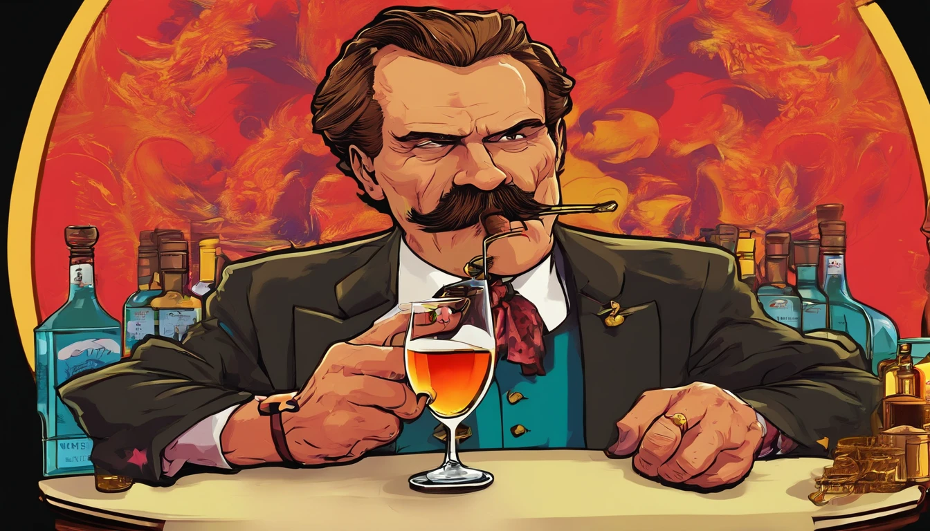 Nietzsche, philosopher Nietzsche, Nietzsche com um copo de Whisky, Nietzsche mafioso com um copo de Whisky, Mafia Nietzsche drinking a glass of liquor, Nietzsche em uma boate