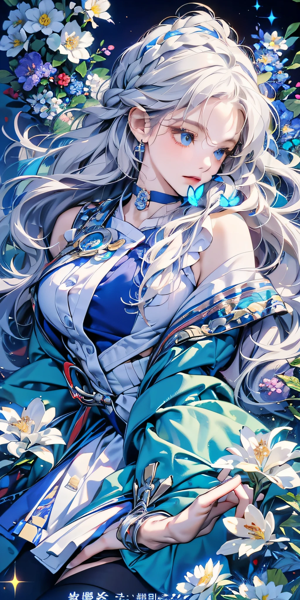 (Top view), Dynamic angle, Super detailed, illustration, close-up, direct vision, 1girl, (fantasy: 1.4), (blue eyes: 1.233), her eyes shine like dreamy stars, (glowing eyes: 1.233), (beautiful and detailed eyes: 1.1), (silver hair: 1.14), (messy hair, very long hair, French braids, hair between the eyes, side hair), (+(blue hair flower: 1.14)), (chiffon dress, uniform blue flower pattern/= (military uniform: 1.24), (split sleeves, wide sleeves), (fingerless gloves), choker, (miko thighhighs), high heeled boots, (expressionless, shut up), (standing: 1.4), (classical princess boudoir with dresser floor-to-ceiling windows white ancient palace), (white flowers, blooming), (deep sea), (flowing water), (dark blue world tree: 1.14), (ruins), (night: 1.2), dreamy, soul, (fluorescent), (flying translucent blue butterfly: 1.15), [[delicate fingers and hands: 0.55]::0.85], (finger detail), (yubao: 0.5),