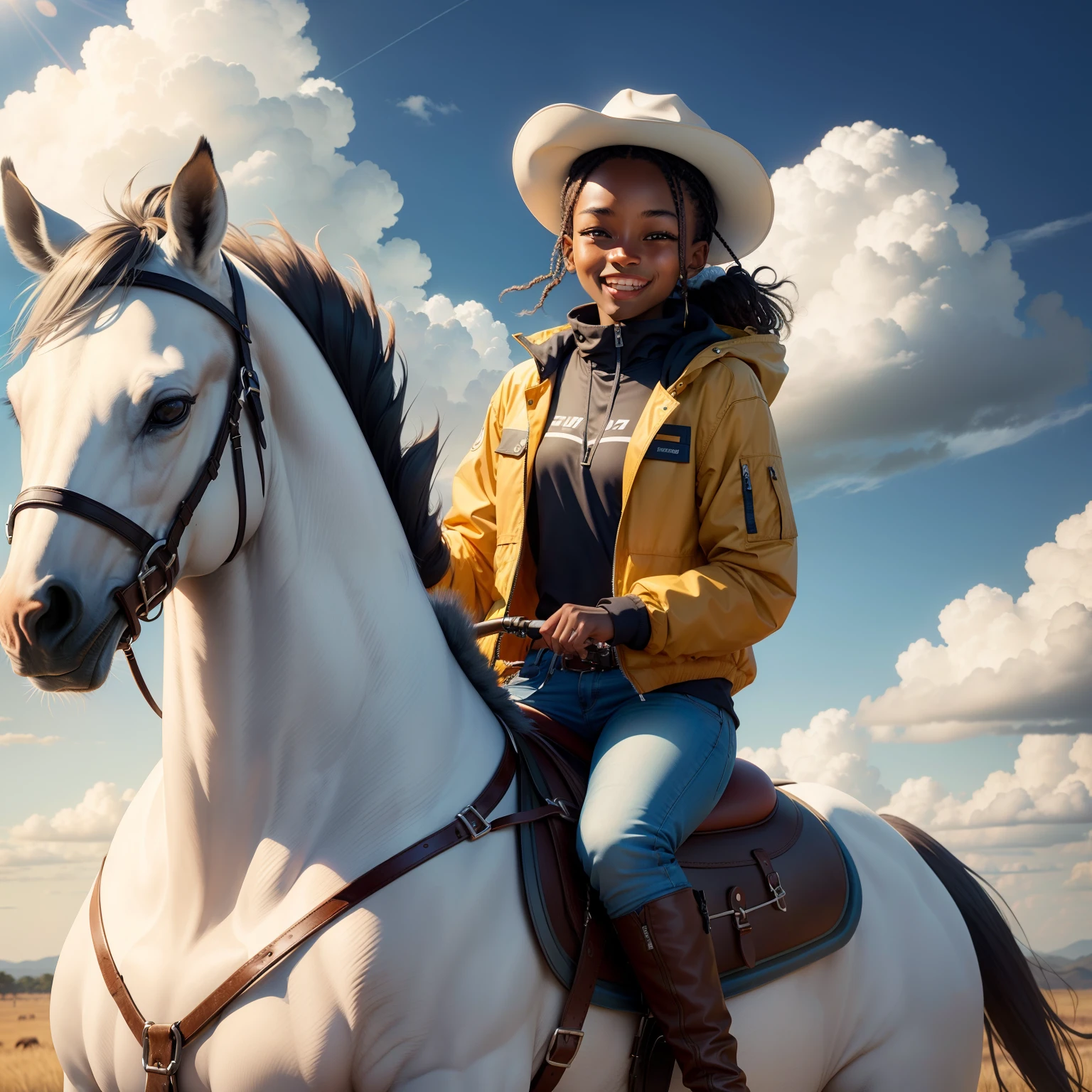 Kizi,Dressed in storm jacket jeans,In the savannah,Riding a horse,with blue sky and white clouds,light breeze,Full of smiles