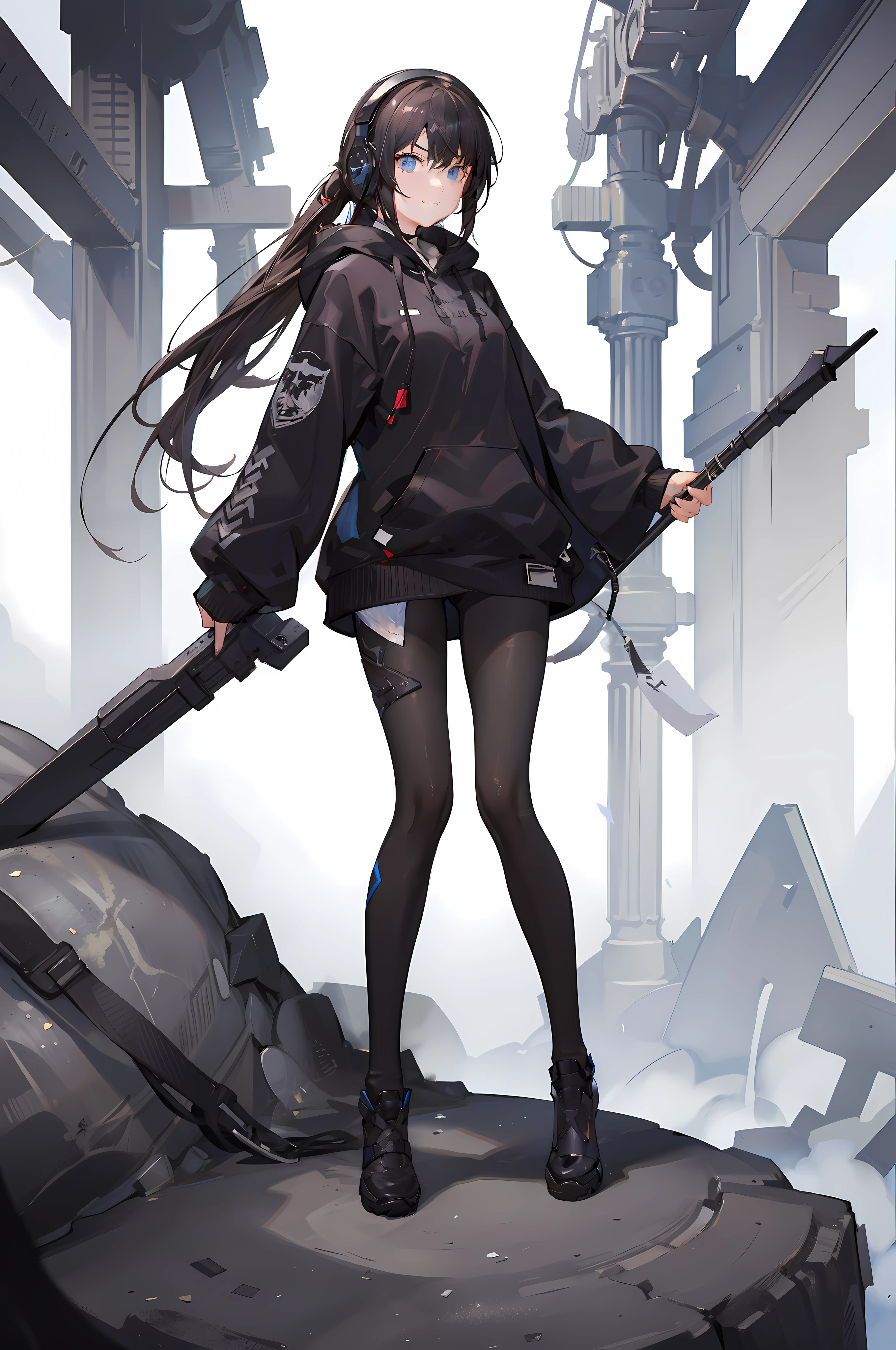 masterpiece, highres, best quality, black hoodie, 1girl, solo, brown hair, smile, blue eyes, high quality artstyle, ultra detailed, black leggings, quality shadows, 8K, ponytail, headphones,(punishing gray raven)