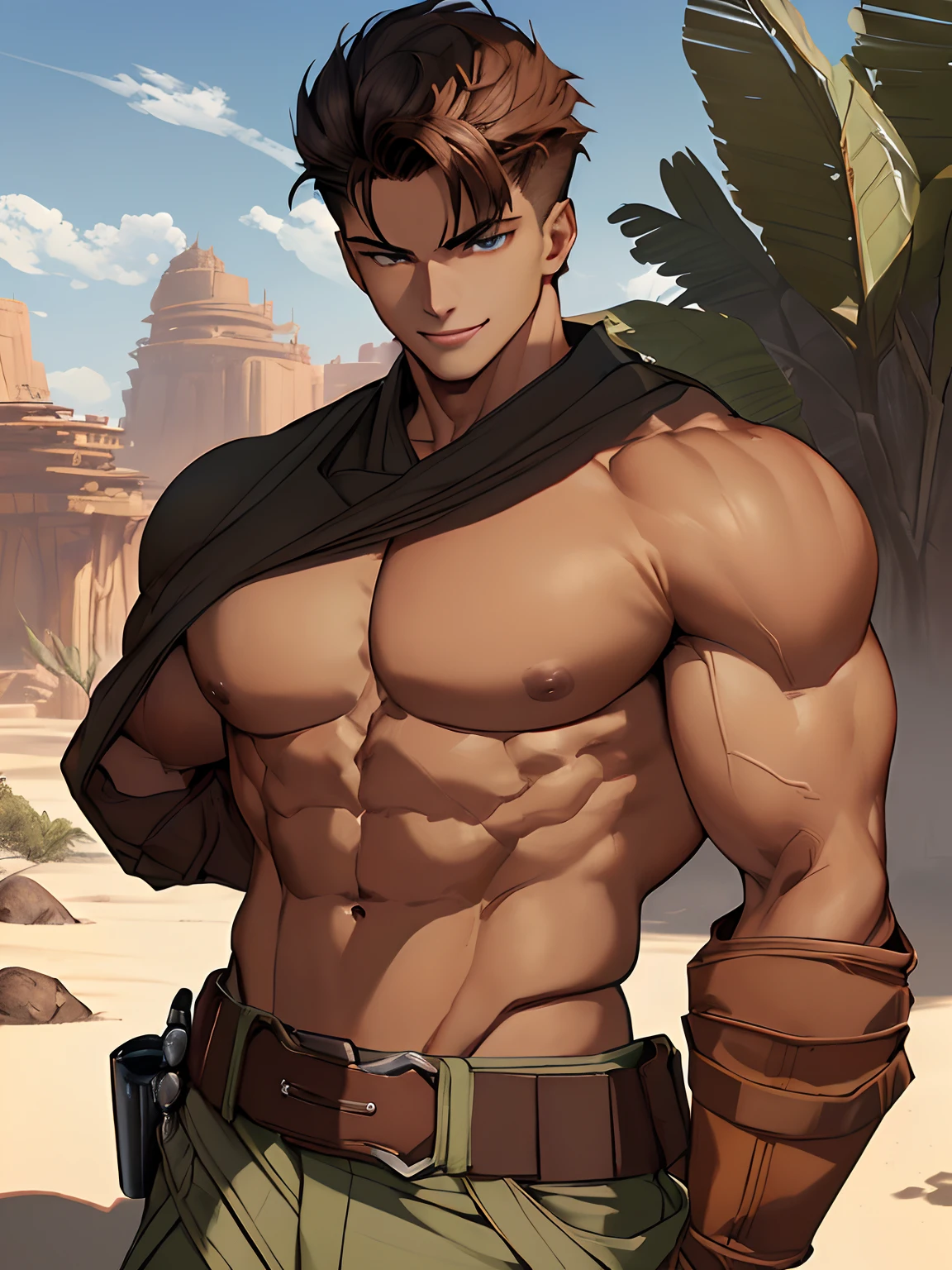 (ungman, ripped muscles, shirtless, topless, huge)), beardless, dark brown hair, military haircut, masculine, attractive, handsome (detailed face, perfect face) ((extremely realistic shadows, masterpiece of art, extremely detailed, photorealistic), ((18 years old)), shirtless, topless, broad shoulders, huge pecs, strong, young bodybuilder, carefree expression, mischievous smile, muscular, aesthetic body ((Good anatomy)), bulging pecs, muscular abs, narrow waist, brown Jedi-style baggy pants and buckleless cloth belt; short hair, blue eyes, large delicate eyes, wide eyes ((detailed eyes)) Ruins of a Jedi temple with a rocky desert.