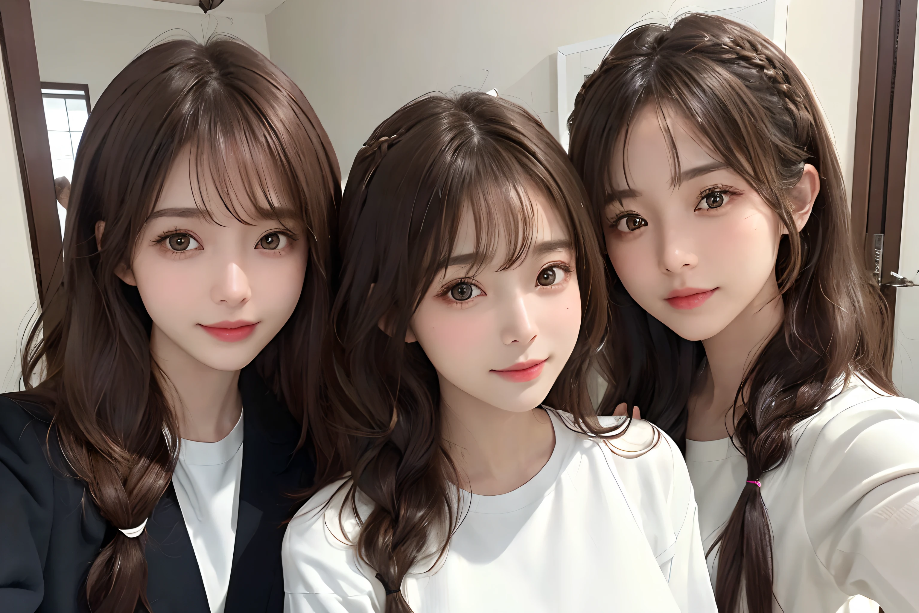 (frombelow:1.4)、(Three Girls:1.4)、Light Brown Fringe Hair、Braided hair、disheveled hair、Light brown eyes、(A smile)、(爆乳:1.5)、(Emphasize the valley:1.3)、fittingroom、Photorealsitic、(Shadow:1.1)、(intricate detailes:1.2)、(masutepiece、:1.3)、(top-quality:1.4)、(超A high resolution:1.2)、超A high resolution、(A detailed eye)、(detailed facial features)、(White shirt:1.2), (selfee:1.3)、Girls side by side