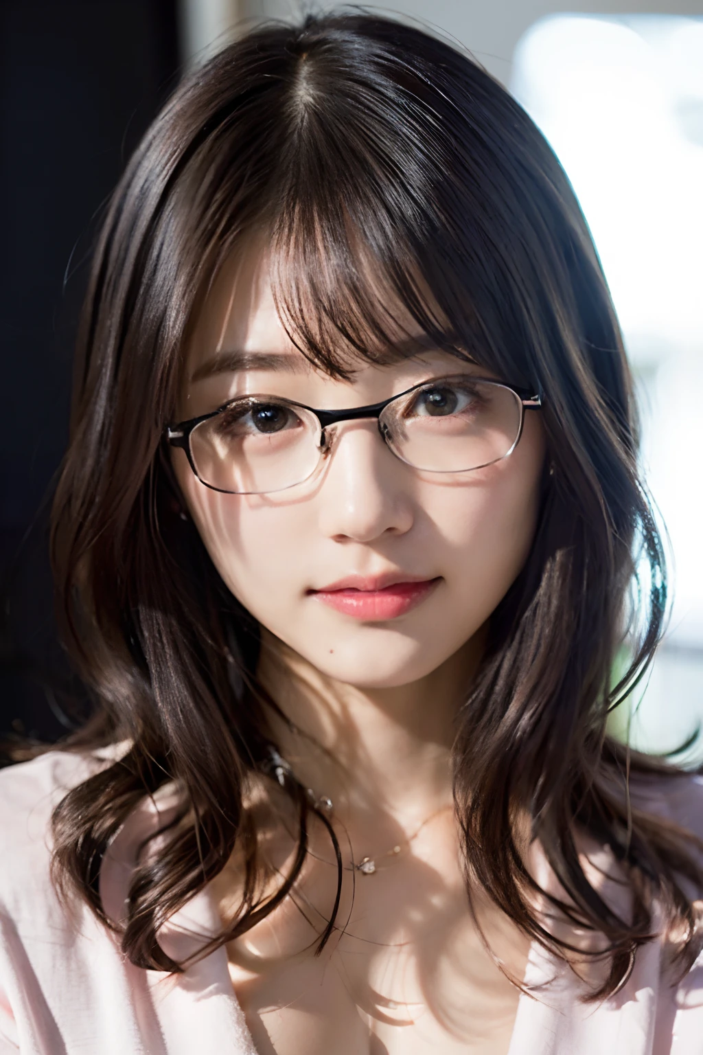 (8K、Raw photography、top-quality、​masterpiece:1.2)、(realisitic、Photorealsitic:1.37)、ultra-detailliert、超A high resolution、女の子1人、see the beholder、beautifull detailed face、A smile with a little visible teeth、Constriction、(Slim waist) :1.3)、((Cute pajamas))、pastel clothing、Beautiful detailed skin、Skin Texture、Floating hair、((fluffy hairstyle))、large breasts with good shape、Professional Lighting、autumn night、Bedroom、((Black square glasses ))、Whole human body、Black hair、((Shameful appearance))、Pay attention to your audience、