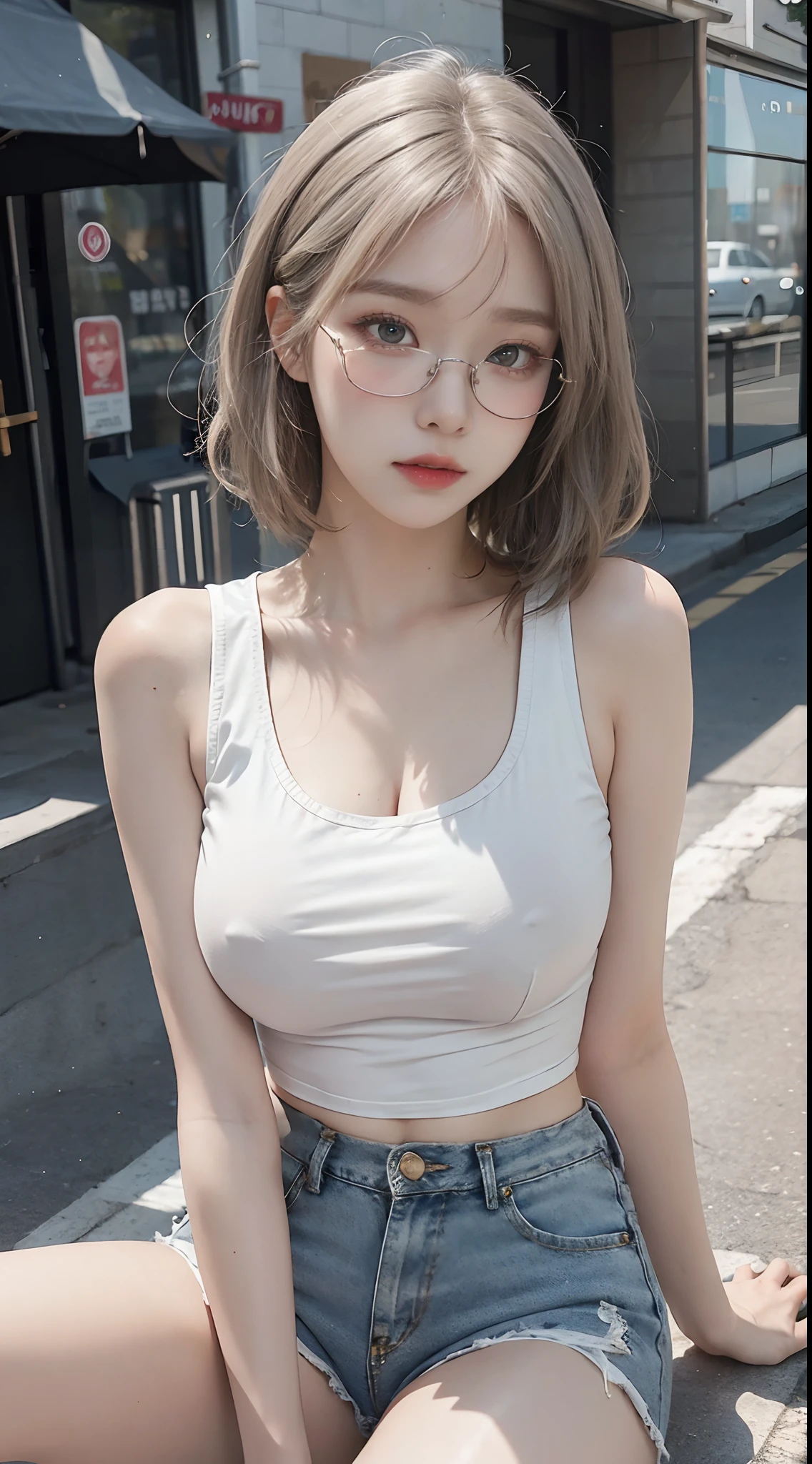 Top image quality、Raw photography、超A high resolution、18-year-old Korean、Glasses beauty、Colossal tits:1.5、cleavage of the breast:1.5、fair white skin、shiny white skin、(short bobbed hair)、((Light brown silver hair))、Beautiful eyes with random colors、very thin lips、beautiful eyes finely detailed、elongated eyes、pale pink blush、long eyeslashes、Beautiful double eyelids、eyeshadows、耳Nipple Ring、(Fashionable glasses、White tight tank top、denim short pants、Beautiful legs、Attractive thighs)、street snap