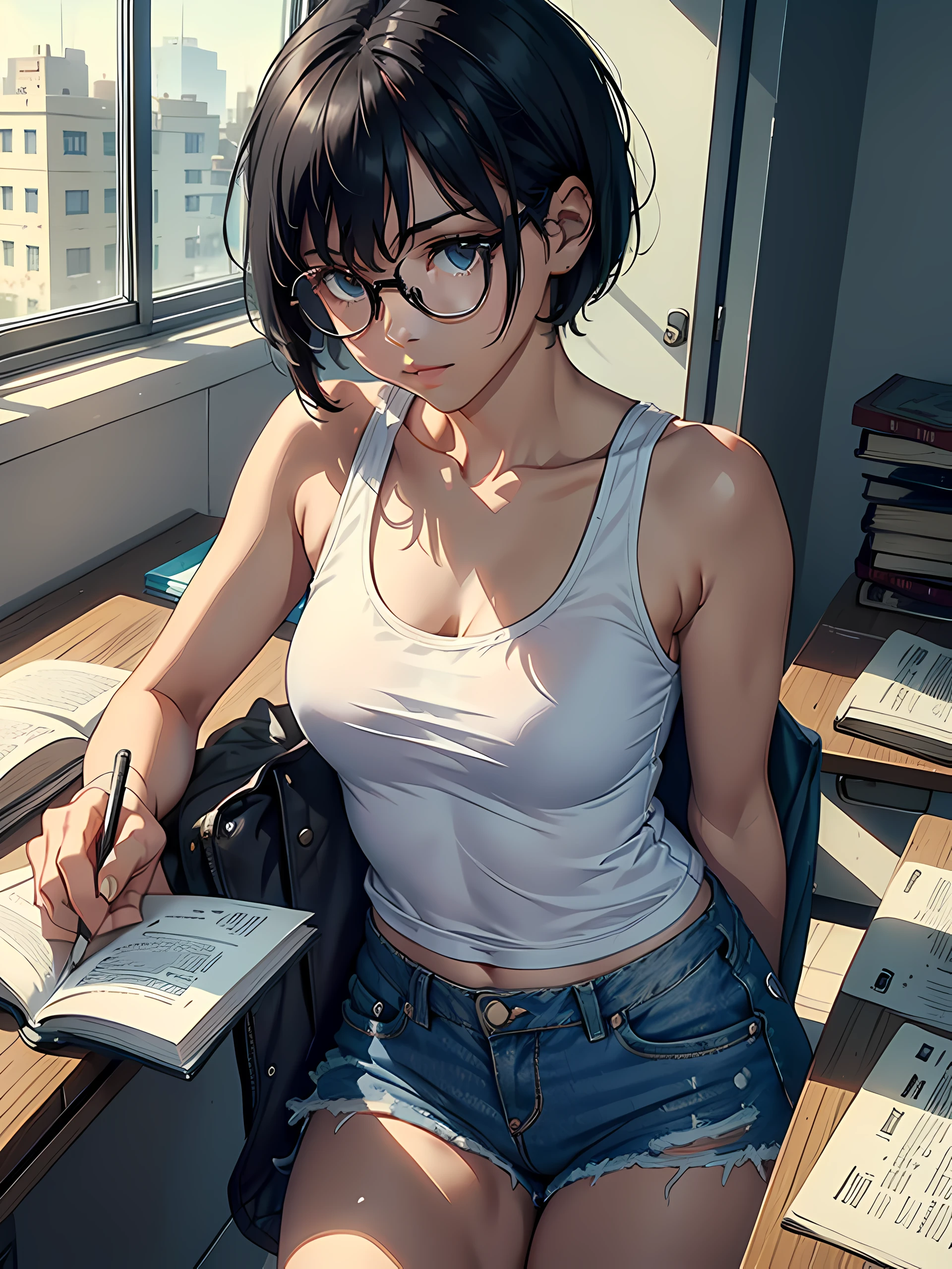 1 girl, white tank top and denim shorts, wearing eye glasses, reading book, short black hair,  inside a study room, 8k, masterpiece, looking at viewer, ultra sharp