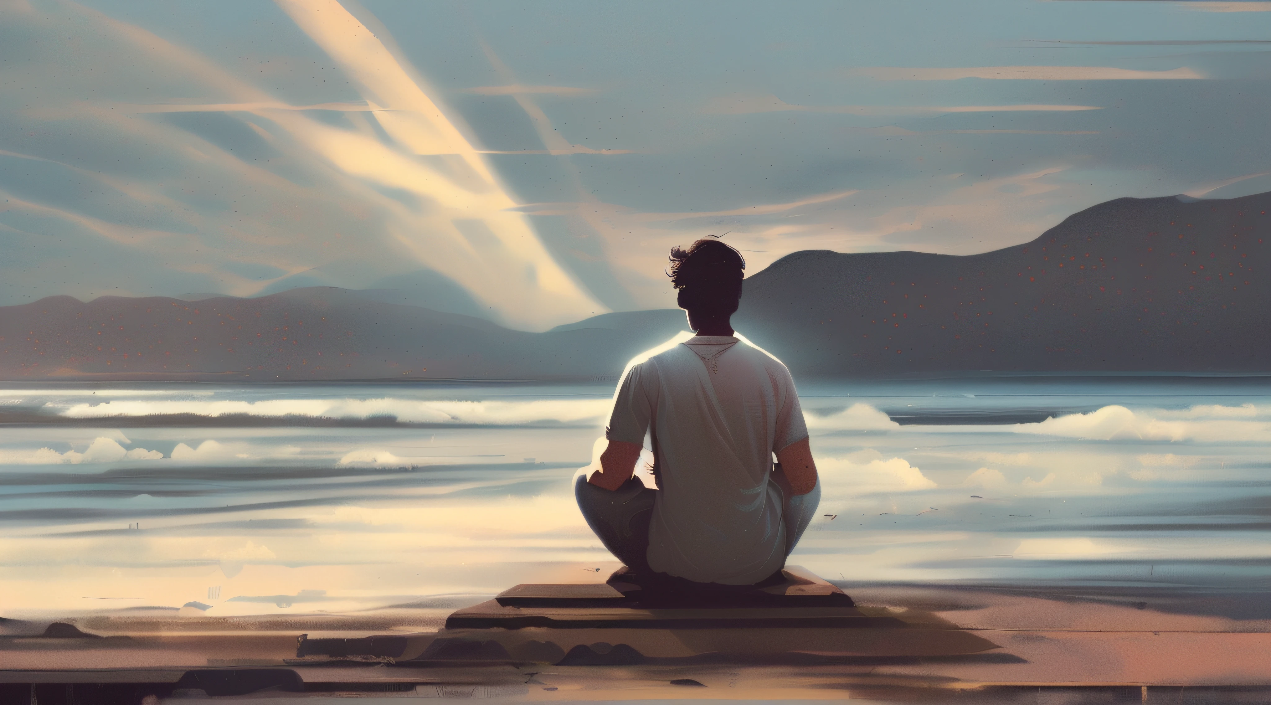 _(obra-prima, serene illustration, inspirada em Cyril Rolando:1.3), uma pintura de um homem sentado em um banco olhando para o oceano, (arte conceitual relaxante e meditativa:1.1), inspired by Zen meditation, (meditation pose influenced by Cyril Rolando and Goro Fujita:1.1), (setting that becomes a bliss wallpaper:1.1), Creating a scene that invites meditation and contemplation of eternity, (fictional camera capturing the serenity of the scene:1.2), (acompanhada de uma "lente meditativa" that enhances the relaxing atmosphere:1.2), (capturing inner peace and connection to nature in an illustration that invites reflection).