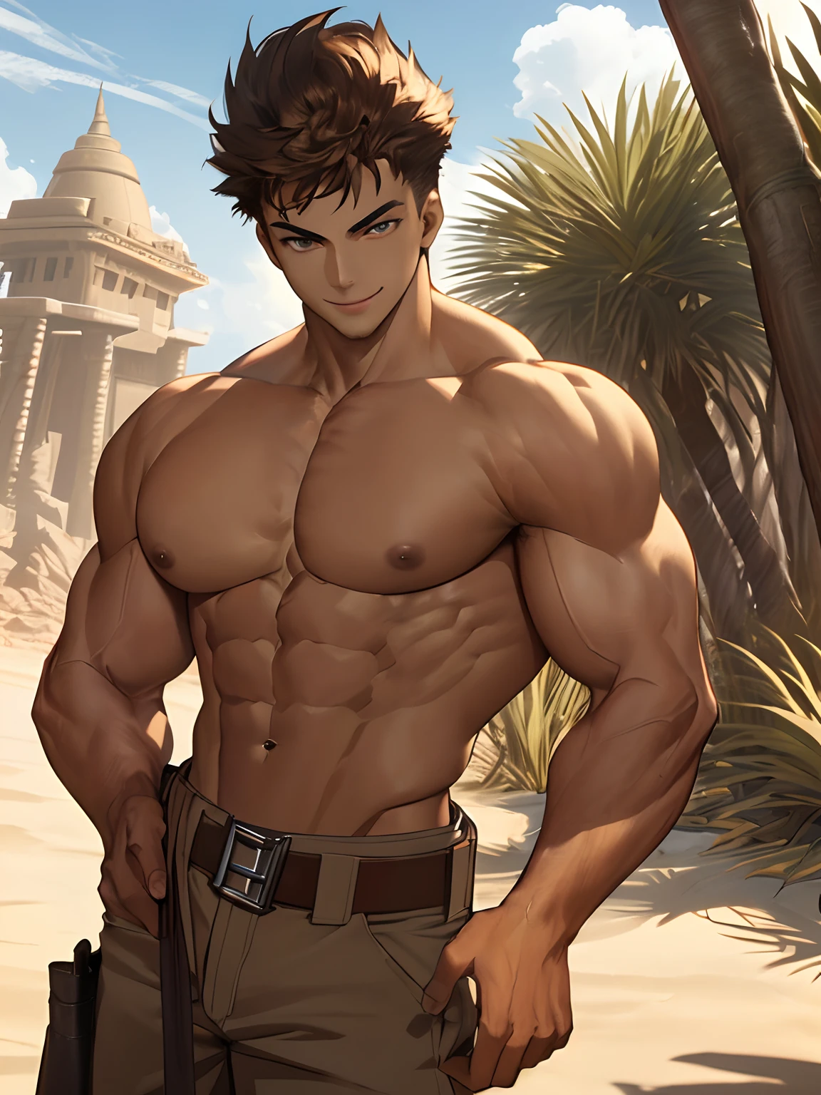 (ungman, ripped muscles, shirtless, topless, huge)), beardless, dark brown hair, military haircut, masculine, attractive, handsome (detailed face, perfect face) ((extremely realistic shadows, masterpiece of art, extremely detailed, photorealistic), ((18 years old)), shirtless, topless, broad shoulders, huge pecs, strong, young bodybuilder, carefree expression, mischievous smile, muscular, aesthetic body ((Good anatomy)), bulging pecs, muscular abs, narrow waist, brown Jedi-style baggy pants and buckleless cloth belt; short hair, blue eyes, large delicate eyes, wide eyes ((detailed eyes)) Ruins of a Jedi temple with a rocky desert.