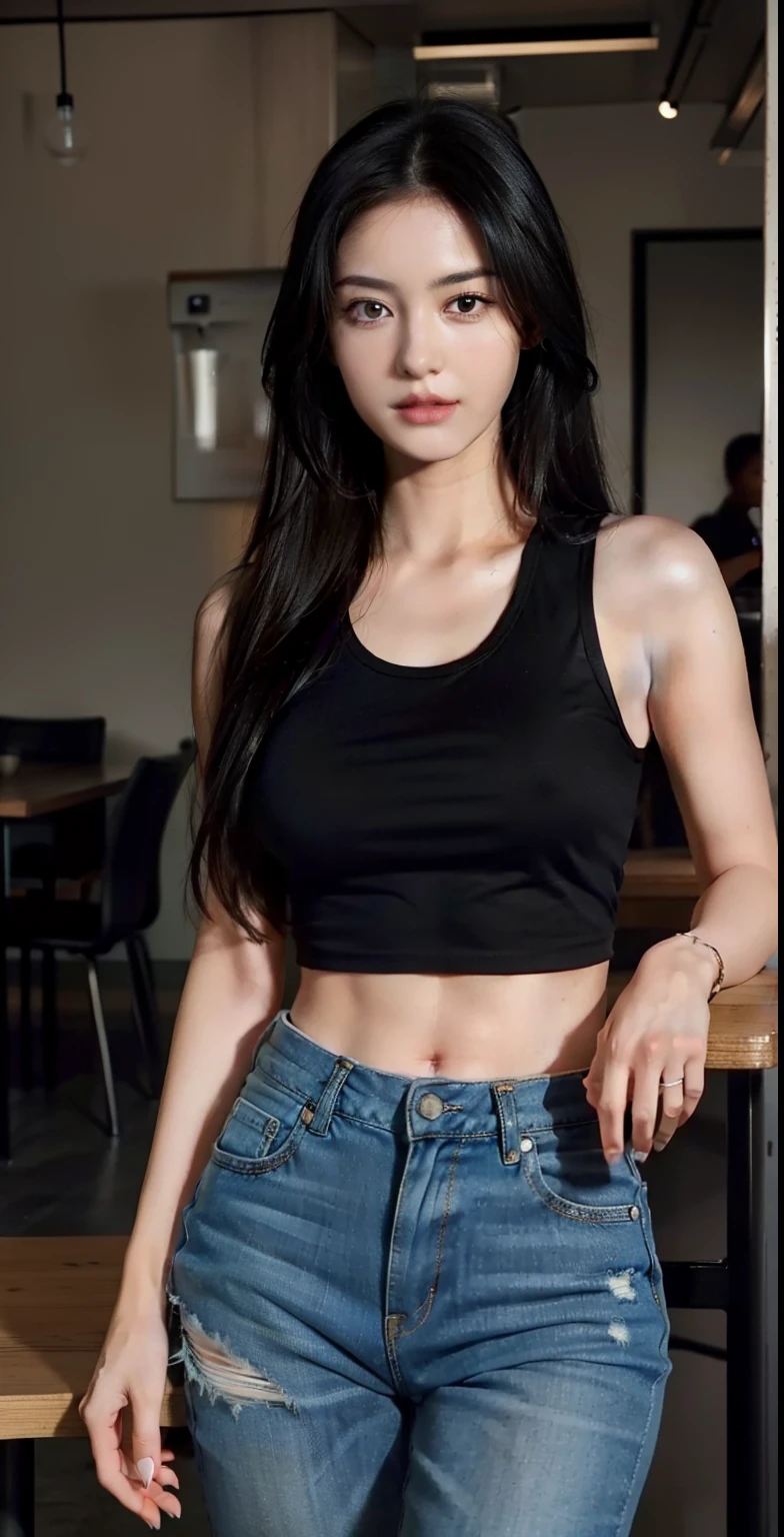 (realistic, very high resolution: 1.3), 1 girl with perfect figure, super thin face and eyes, shy, black hair, long hair, big breasts, Tank top: 1.2 in random colors, black top, ripped jeans, standing , in a coffee machine, tables and chairs in the background, perfect background scenery