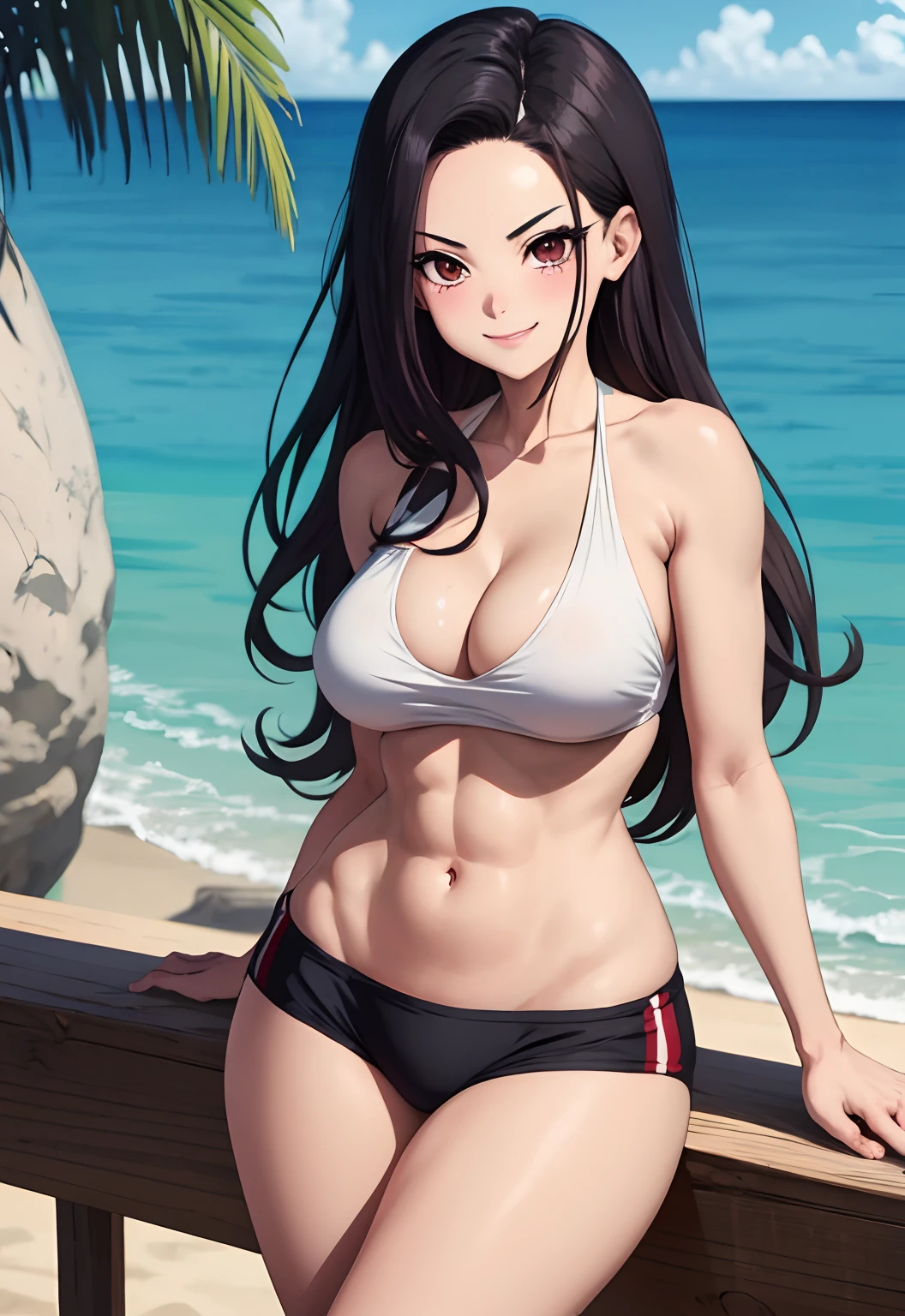 1girl, Momo Yaoyorozu, musculed body, very muscoled legs, visible abs, wearing a tight bikini, naoughty look, naoughty smile, hourglass figure, Wide hips, big boobs