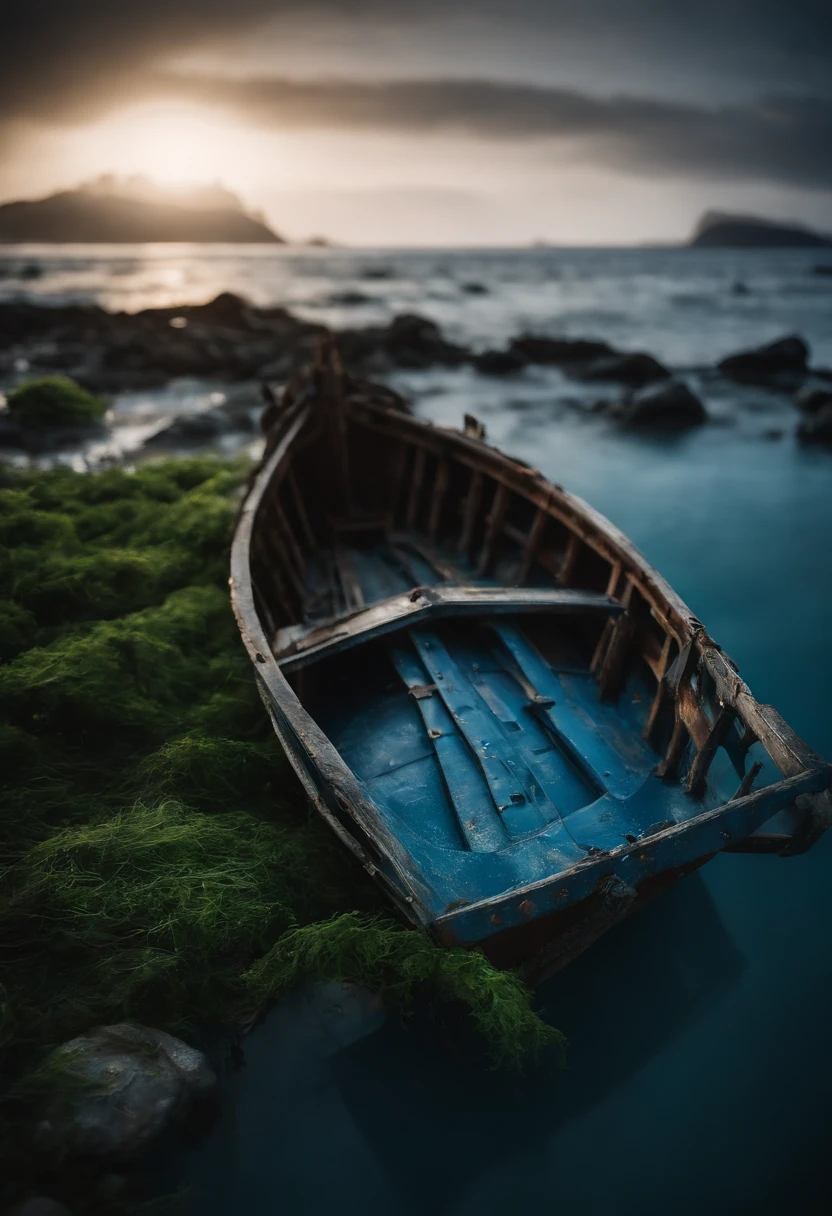 (Deep blue sea:1.5)，(//Dilapidated ghost ship:1.3//)+(That ghost ship was once a luxurious, huge cruise ship)，Schools of glowing fish，Green seaweed。Cold and lonely，Solitude，darkly，Shipwreck remains