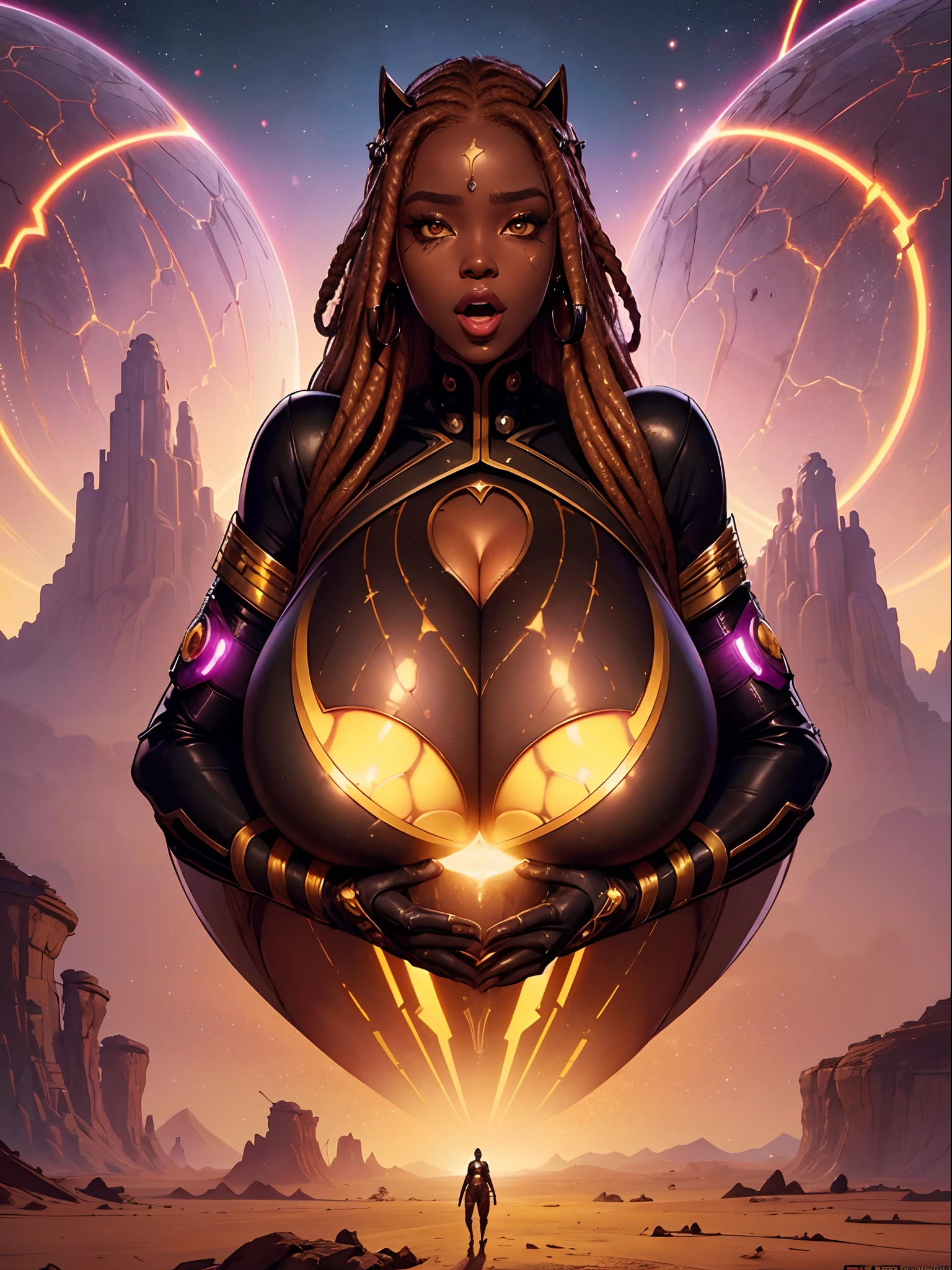 Woman in costume standing in desert, (((vulgarity))),Future Iwaba Young Woman, Beautiful futuristic himba woman, Futuristic Himba teenage girl, black African Woman Android, Beautiful Women of Warframe,(ecstasy face),((gasp)),embarrassed look, sexual excitement,ahegao, open mouth,(super huge gigantic breast:1.4),wide hips,Whipped legs, Trending in art stations, African Cyberpunk Wizard, karol bak uhd, beautiful full-body concept art, epic sci-fi character art, rossdraws ,((Attitude of inviting a man to join you)),bewitching attitude,| afro futurism