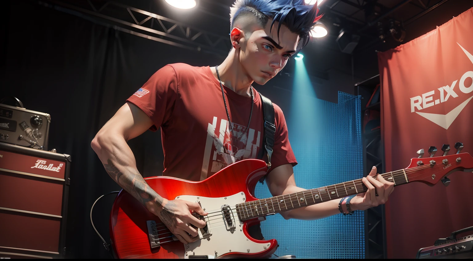 FelixGameVibeKingofBass with short spiky hair wearing red shirt blue shorts standing playing guitar seeing you show full body