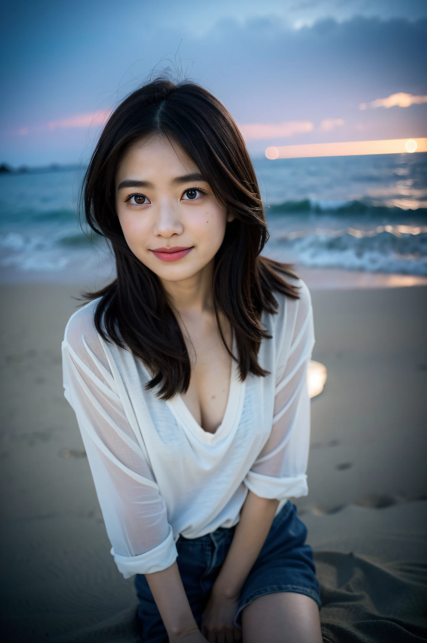 1 girl、(top-quality、8k、32k、masterpiece、UHD:1.2)、(Soft Cinematic Lights)、Photos of very beautiful Japan women、beautidful eyes、beauitful face、a smile、shorth hair、large full breasts、shinny skin、Wearing panties、s ass、Live Action、(Slouched:1.3)、(From above:1.2)、Look at another person、the beach、windy、dark sky、Up in the eye