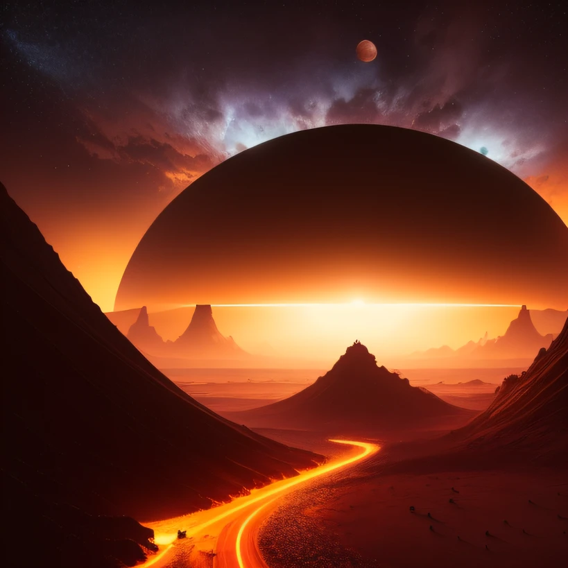Alien base (Very detailed) In the mountainous desert,There are several exhaust fans and chimneys, Some spotlights come out of the base to illuminate dark places, (Extreme nights), Some clouds in the night sky, Some of the surrounding planets provide air to unknown planets,The farthest giant volcano is erupting