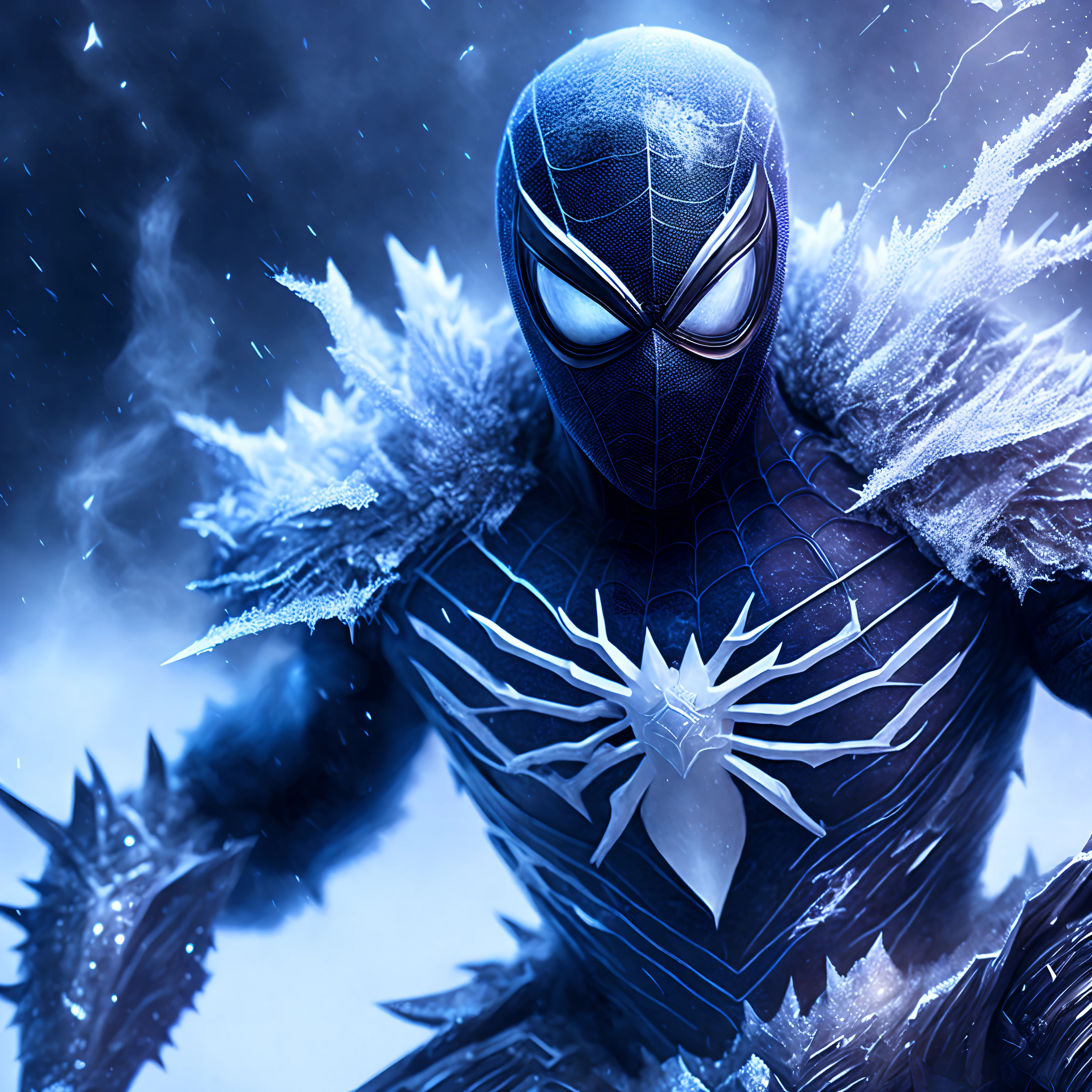 Close-up ( frozen spiderman from Marvel in Goth style: 1.3) emerging from the white cold ice, extremely detailed, smoke, sparks, metal shavings, flying debris, volumetric light