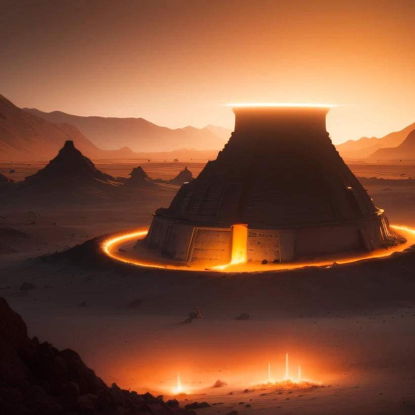 Alien base (Very detailed) In the mountainous desert，There are several exhaust fans and chimneys, Some spotlights come out of the base to illuminate dark places, (Extreme nights), Some clouds in the night sky, Some of the surrounding planets provide air to unknown planets，The farthest giant volcano is erupting