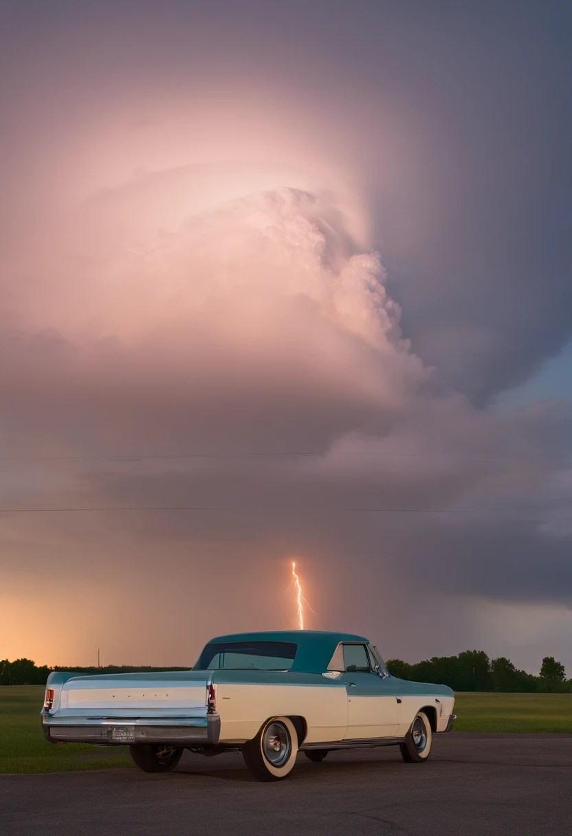 Down Rt. 66 Before the Great Storm, Nostalgic, Annual lighting display, cumulonimbus clouds, voluminetric lighting, Big sky,Mushroom cloud of nuclear bomb explosion