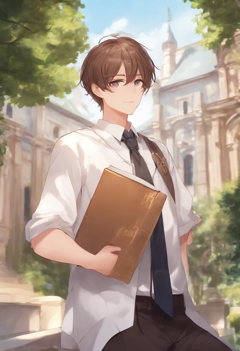 Top quality Best quality 18 years old male young cat ears school uniform summer handsome refreshing quiet student heterochromic pupils short brown hair handsome guy with a book in his hand
