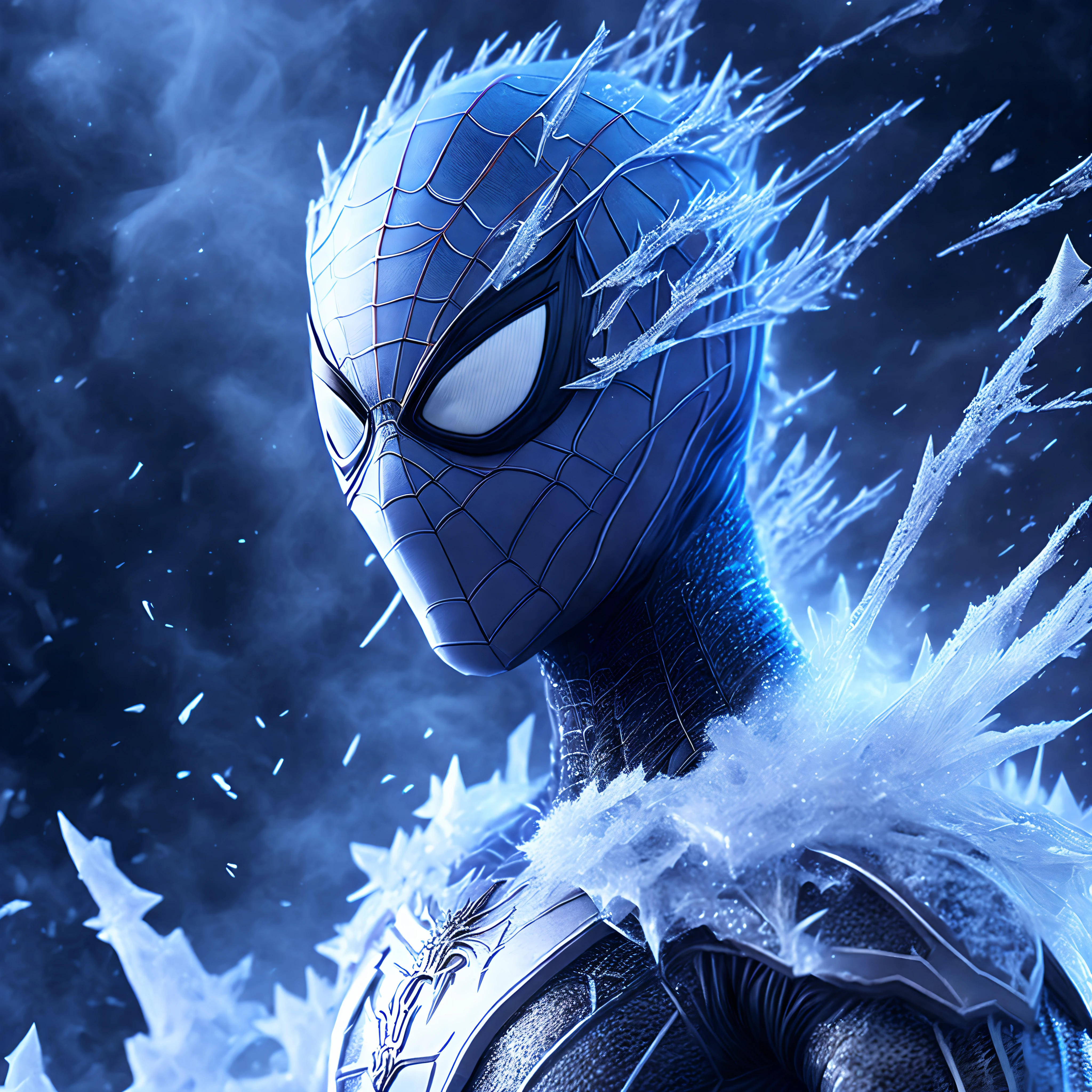 Close-up ( frozen spiderman from Marvel in Goth style: 1.3) emerging from the white cold ice, extremely detailed, smoke, sparks, metal shavings, flying debris, volumetric light