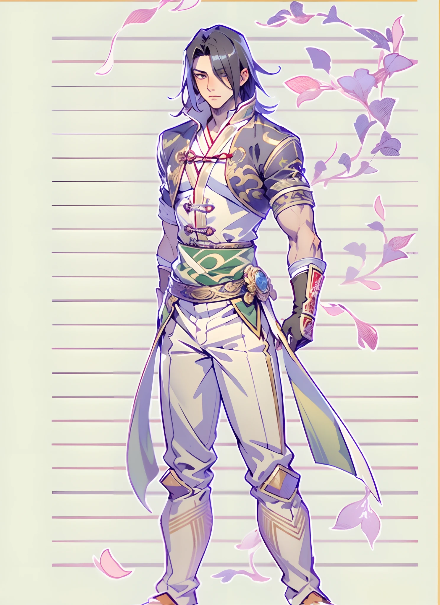 A young man with flowing black hair, a tuft of golden hair that partially covers one eye, a handsome and resolute face, a trace of loneliness in his firm gaze, a two-piece outfit that combines fantasy and martial arts elements, consisting of a tight-fitting shirt and a jacket, the outfit features twisted flame patterns, with white as the main color and red and blue as secondary colors, wears gloves that also serve as wrist guards, dark pants, boots embellished with metal decorations, this character embodies a finely crafted fantasy-style Chinese martial hero design in anime, characterized by a sophisticated and mature manga art style, high definition, best quality, highres, ultra-detailed, ultra-fine painting, extremely delicate, professional, anatomically correct, symmetrical face, extremely detailed eyes and face, high quality eyes, creativity, RAW photo, UHD, 8k, Natural light, cinematic lighting, masterpiece:1.5