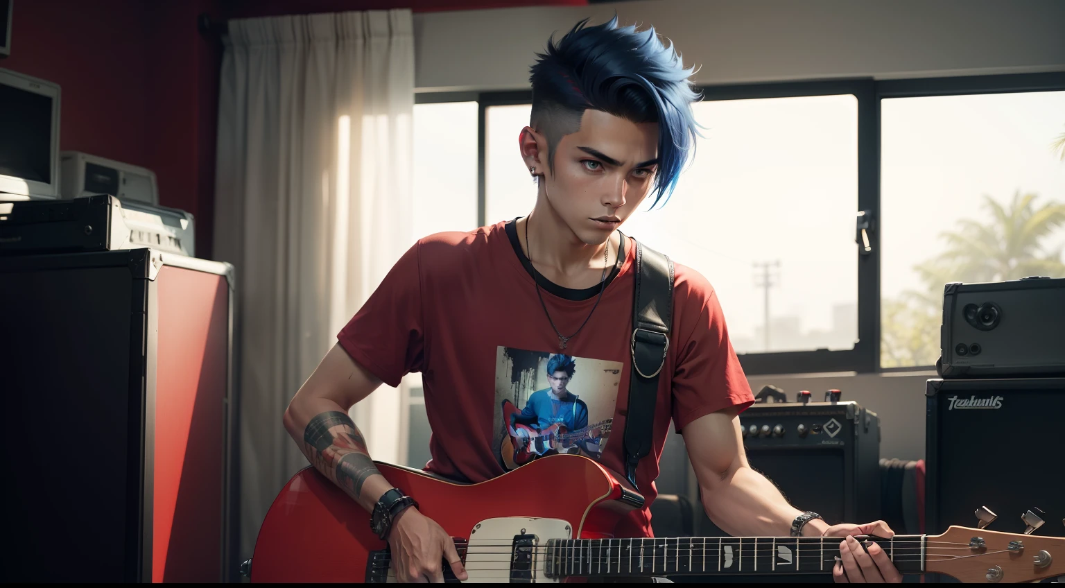 FelixGameVibeKingofBass with short spiky hair wearing red shirt blue short pant standing playing guitar seeing you show full body