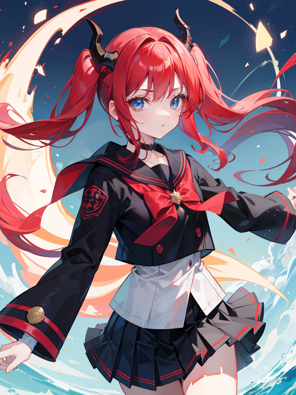 red hair, blue eyes, twintails, Sailor suit,black coat, Dragon horns,Pleated skirt,solo,bow