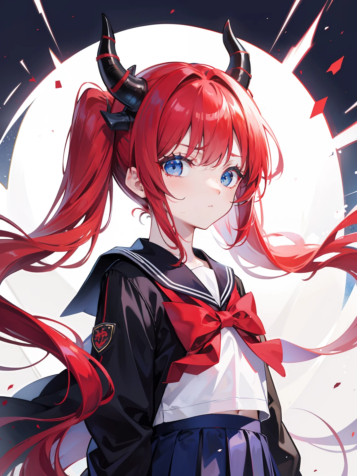 red hair, blue eyes, twintails, Sailor suit,black coat, Dragon horns,Pleated skirt,solo,bow