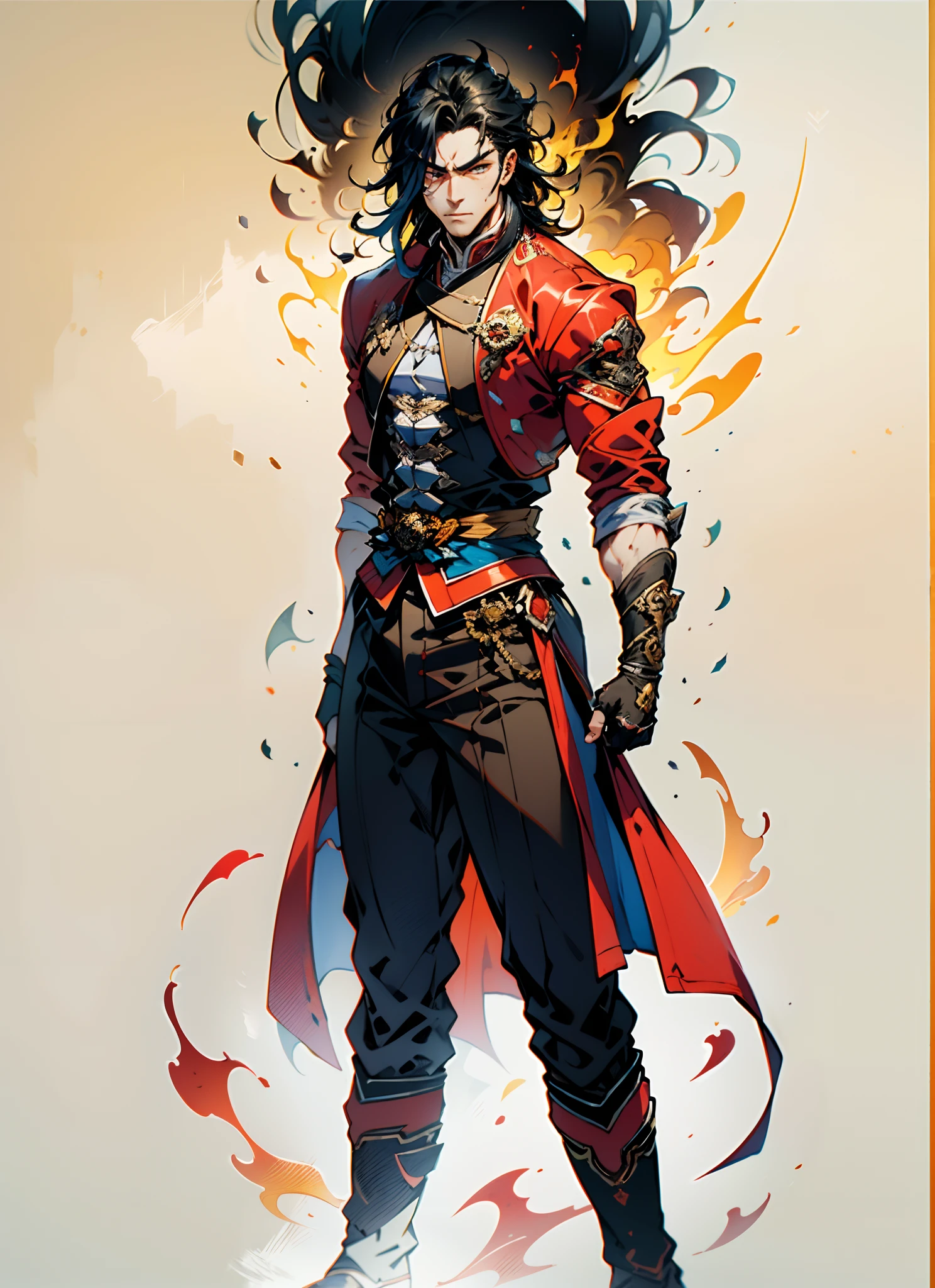 A young man with flowing black hair, a tuft of golden hair that partially covers one eye, a handsome and resolute face, a trace of loneliness in his firm gaze, a two-piece outfit that combines fantasy and martial arts elements, consisting of a tight-fitting shirt and a jacket, the outfit features twisted flame patterns, with white as the main color and red and blue as secondary colors, wears gloves that also serve as wrist guards, dark pants, boots embellished with metal decorations, this character embodies a finely crafted fantasy-style Chinese martial hero design in anime, characterized by a sophisticated and mature manga art style, high definition, best quality, highres, ultra-detailed, ultra-fine painting, extremely delicate, professional, anatomically correct, symmetrical face, extremely detailed eyes and face, high quality eyes, creativity, RAW photo, UHD, 8k, Natural light, cinematic lighting, masterpiece:1.5
