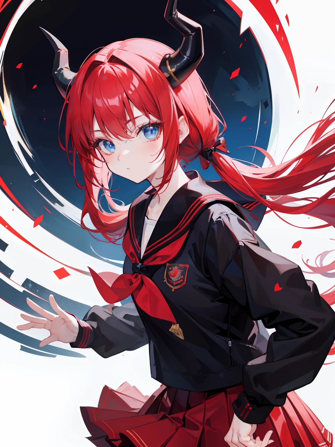 red hair, blue eyes, twintails, Sailor suit,black coat, Dragon horns,Pleated skirt,solo,bow