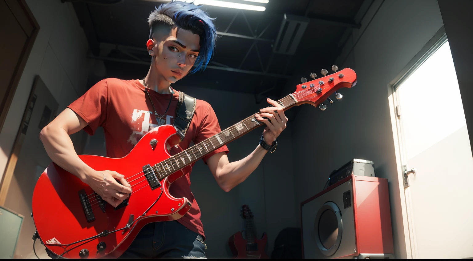 FelixGameVibeKingofBass with short spiky hair wearing red shirt blue short pant standing playing guitar seeing you show full body