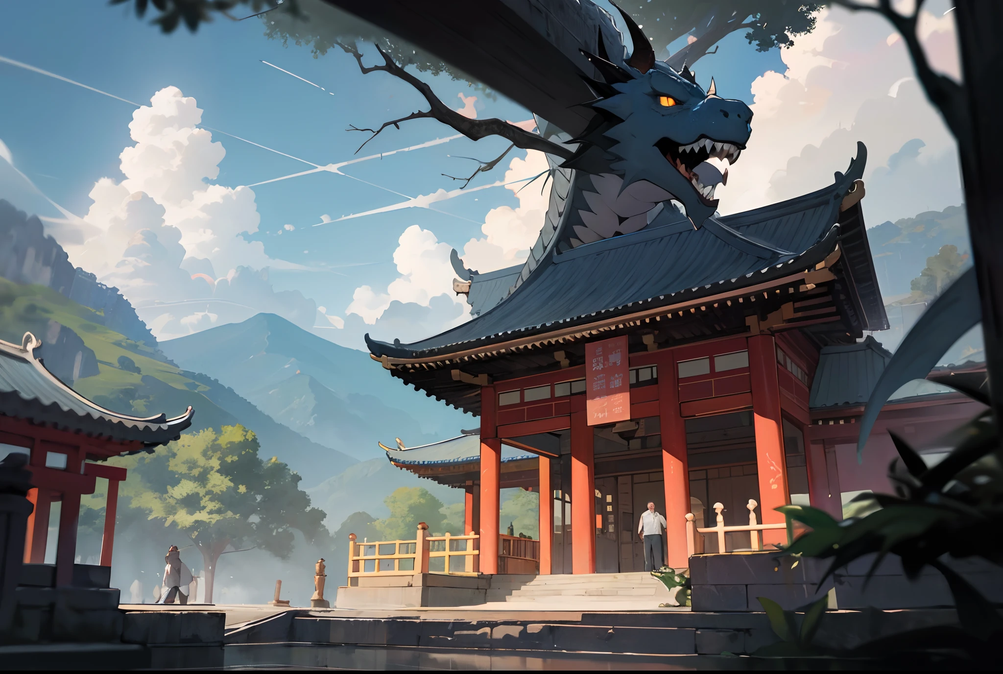 Best quality,masterpiece,ultra high res,1boy asian, (long:1.2),eastern dragon, east asian architecture, sky, architecture, outdoors, cloud, day, mountain, open mouth, blue sky, teeth, scales, sharp teeth, horns, glowing, fangs, tree, glowing eyes, scenery and 1 pillar, 1 stair pagoda, Hanoi, Vietnam, a big glass of beer