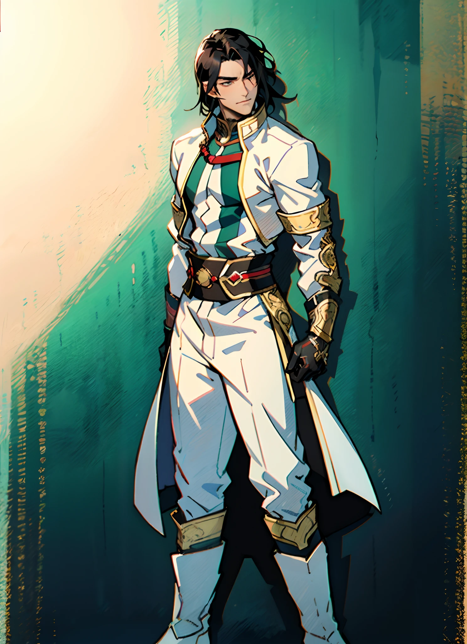 A young man with flowing black hair, a tuft of golden hair that partially covers one eye, a handsome and resolute face, a trace of loneliness in his firm gaze, a two-piece outfit that combines fantasy and martial arts elements, consisting of a tight-fitting shirt and a jacket, the outfit features twisted flame patterns, with white as the main color and red and blue as secondary colors, wears gloves that also serve as wrist guards, dark pants, boots embellished with metal decorations, this character embodies a finely crafted fantasy-style Chinese martial hero design in anime, characterized by a sophisticated and mature manga art style, high definition, best quality, highres, ultra-detailed, ultra-fine painting, extremely delicate, professional, anatomically correct, symmetrical face, extremely detailed eyes and face, high quality eyes, creativity, RAW photo, UHD, 8k, Natural light, cinematic lighting, masterpiece:1.5