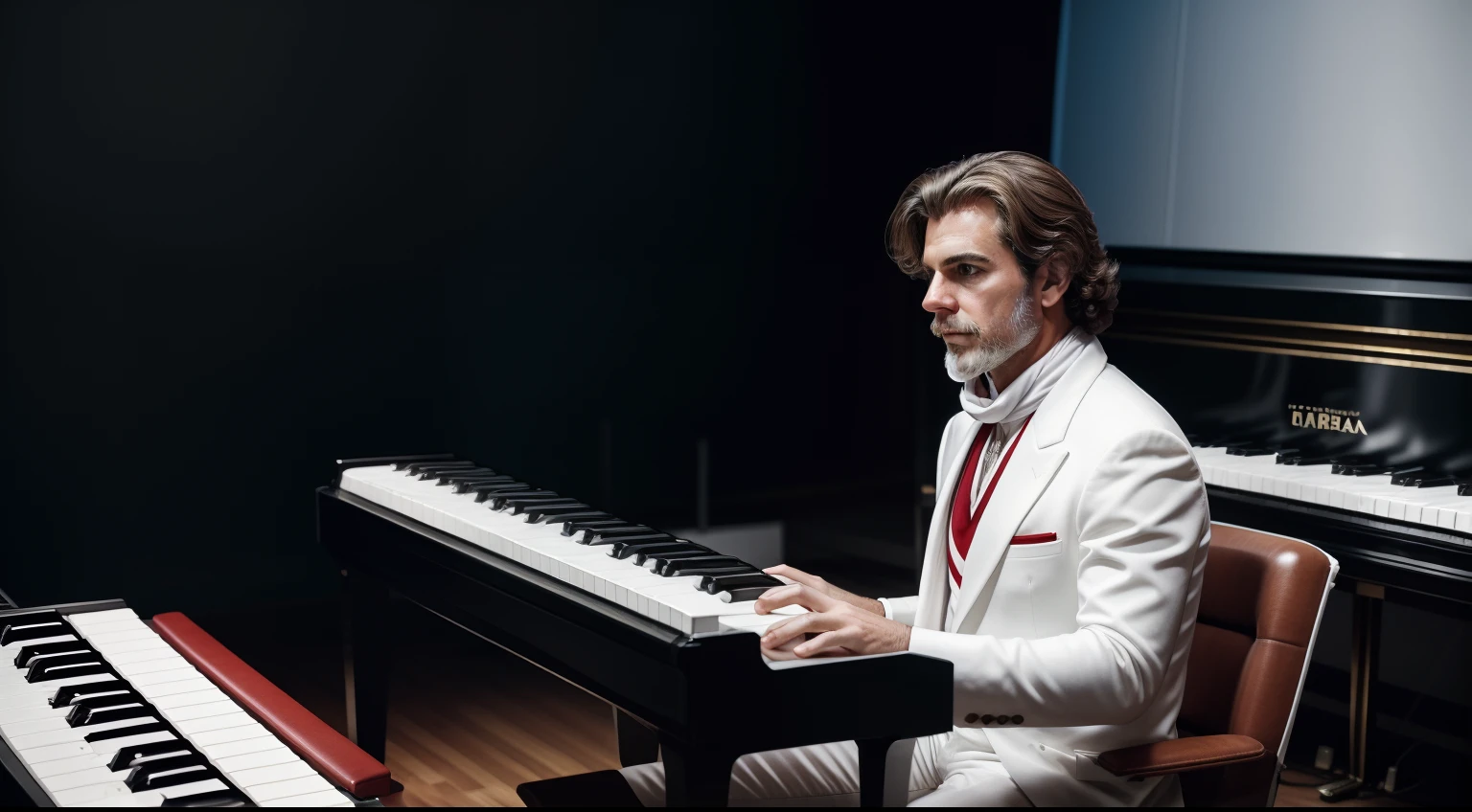 White man in white suit playing on a white piano in a dark studio in the '80s, cabelo pelos ombros encaracolado, bigode, Red scarf in blaser pocket, camisa desabotoada