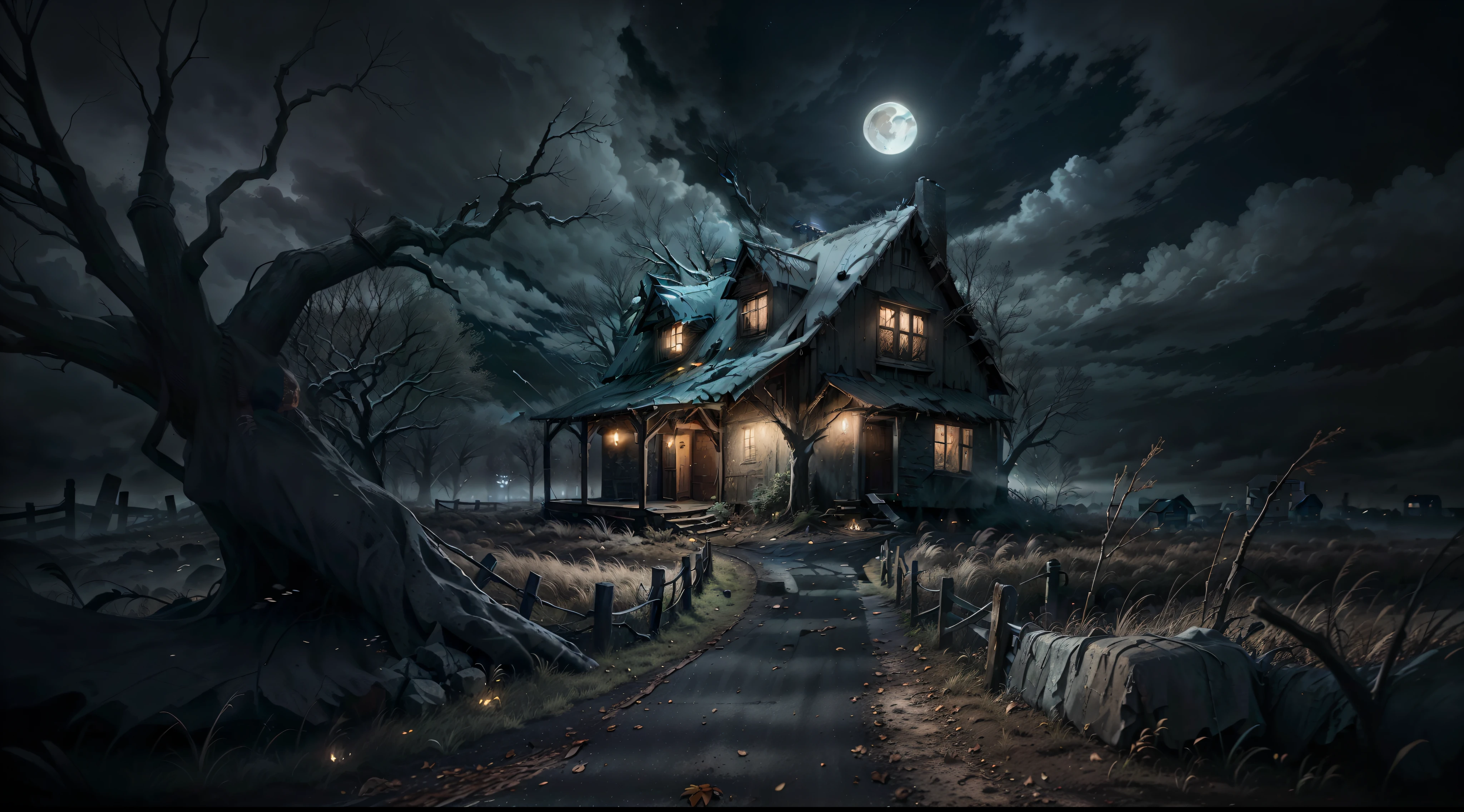 realistic photo of an old and abandoned house, create a cold and dark night, broken stone road, old fences, poor lighting, old trees with dry branches, dry leaves on the ground, fog, heavy clouds, small moon in the sky, old poles lighting and a girl in a black dress and scarf watching