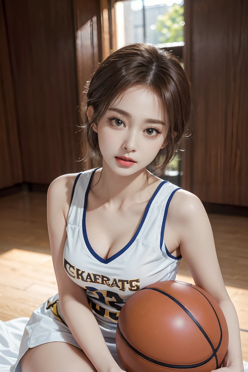 (RAW photos,4K,tmasterpiece,A high resolution,very intricate)(realisticlying:1.4),A delicate girl with facial features in the movie
1 Girl, Single focus, Full body like,Summer noon, Playing the Basketball,Basketball pose,thermography, 1990's\(styled\),White skin,(Bigchest,cleavage), (Best quality), (A high resolution), (Extremely Delicately Beautiful),,(Beautiful 8k face),(Brown eyes),(Ulzzang-6500:1.0),(Large breasts),(NFFSW),(Basketball sportswear),((Playing basketball)),((gymnasium)),((velocity)),(reality),(jiayi:1.5), closeup cleavage, tmasterpiece, best qualtiy, RAW photogr, realisticlying, faces, Incredibly Ridiculous res, Buatigar, adolable, short detailed hair, depth of fields, A high resolution, ultra - detailed, finedetail, Very detailed, extremely detailed eye and face, Sharp pupils, pupil realistic, tack sharp focus, cinmatic lighting