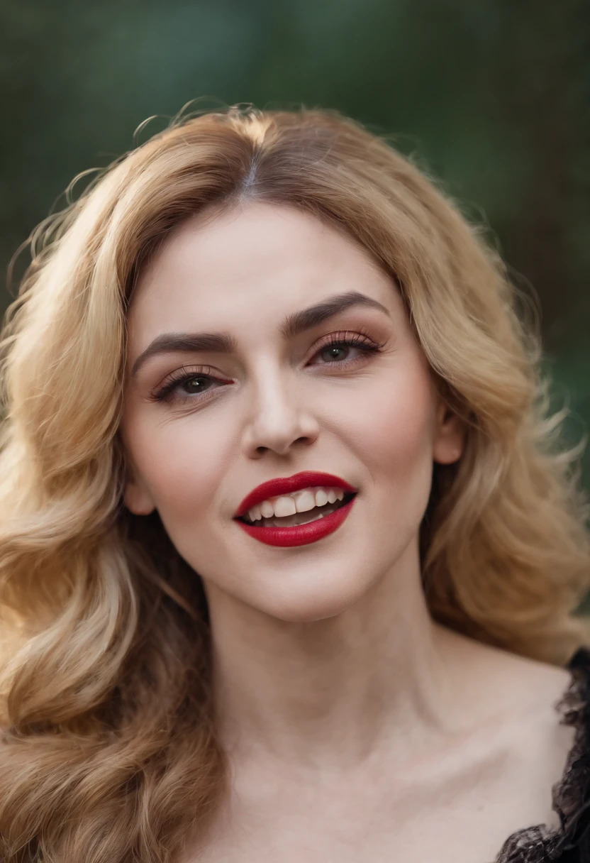 Vampire Madonna singer, retro photo, realistic photo, movement, many colors, 8k fantasy, playful realistic photo, playful photo, colors green, red, yellow, blue, pink, Madonna vampire photo, Vampire Madonna, deep look, front look, mouth open, sharp teeth, Madonna's face, vampire teeth, sharp teeth, front shot, smiling, dark face, colorful scenery,