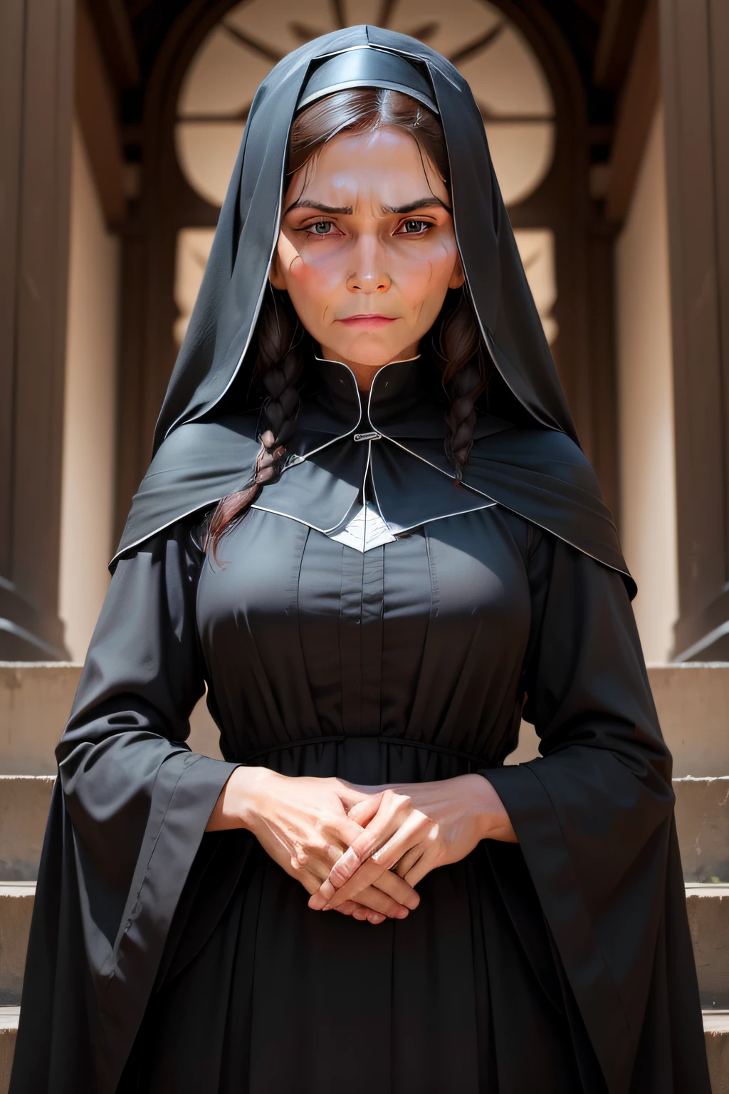 Face of a widow looking forward as if speaking in mourning garb from the time of Jesus Christ