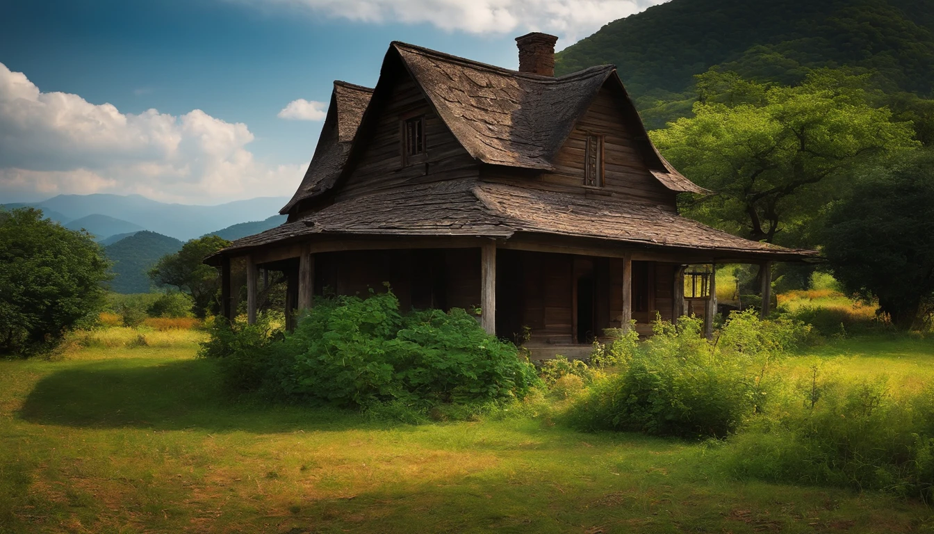 A small battered one-story farmhouse from a long time ago Near the entrance A small field in the garden of the house Oak tree near the house Mountains behind in the distance 天空 poor countryside