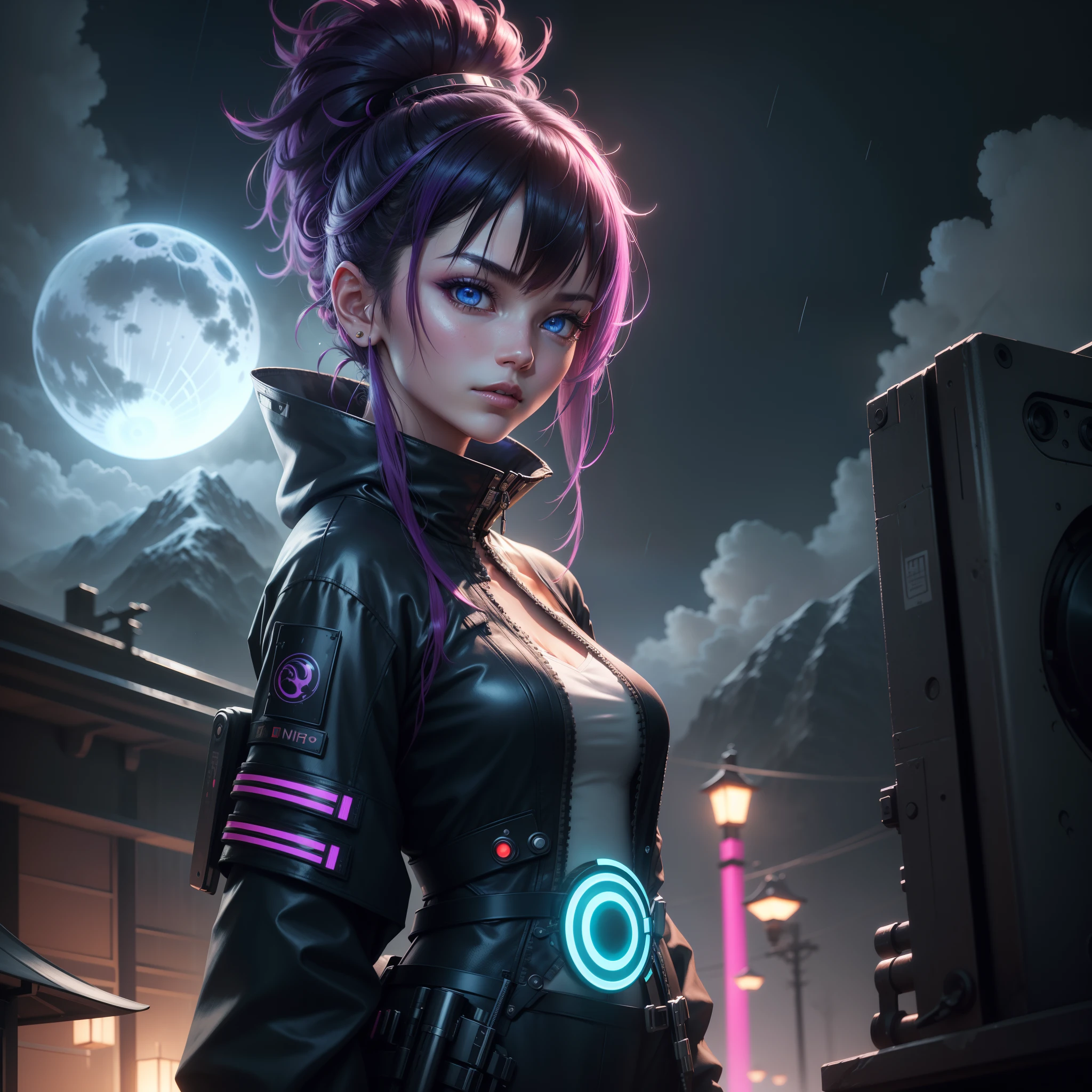 1girl, solo, girl, futuristic outfit, neon samurai, very beautiful cyberpunk samurai, cyberpunk samurai, ghost blade style, cyberpunk victo ngai style, cyberpunk neon style, cyberpunc, cyberpunk neon, technomancer, video game character, synthwave image, cyberpunk, concept art neon glow, moon, lantern, night, solo, outdoor, sky, full moon, rain, mountain, cloud, paper lantern, night sky, fringe, tree, reflection, cloudy sky, {{(masterpiece),(extremely detailed CG unity 8k wallpaper),best quality,solo,cinematic lighting,detailed background,beautiful detailed eyes,bright pupils,(an extremely delicate and beautiful),(beautiful and detailed eye description),ultra-detailed,masterpiece,}}, detailed eyes, beautiful eyes, realistic eyes, beautiful eyes, perfect eyes