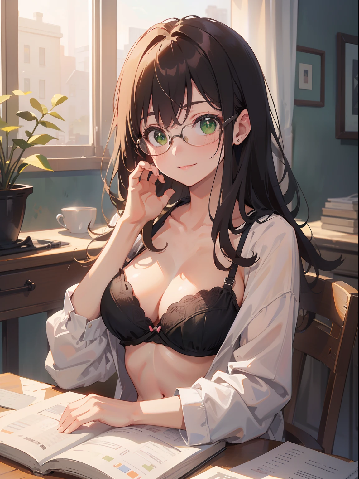 (masterpiece), (best quality), ultra high res, upper body, medium long shot, MLS, volumetric lighting, ((1 mature woman, solo)), very stunning and gorgeous mature woman, beautiful detailed hair, chestnut brown hair, smooth long hair, beautiful detailed face, perfect feminine face, ((beautiful shape eyes, green eyes)), wearing glasses, smiles, comfortable face, looks at the viewer, feminine light outfit, (exposed breasts), black bra, (in the comfortable room:1.2)