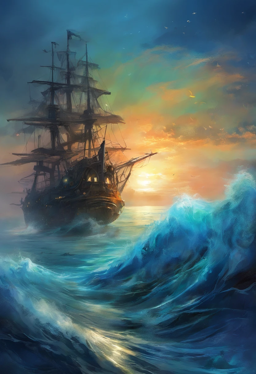 (Deep blue sea:1.5),(//Dilapidated ghost ship:1.3//)+(A giant ship that has sunk to the seabed:1.3),Schools of glowing fish,Green seaweed。Cold and lonely,Solitude,darkly,Shipwreck remains,