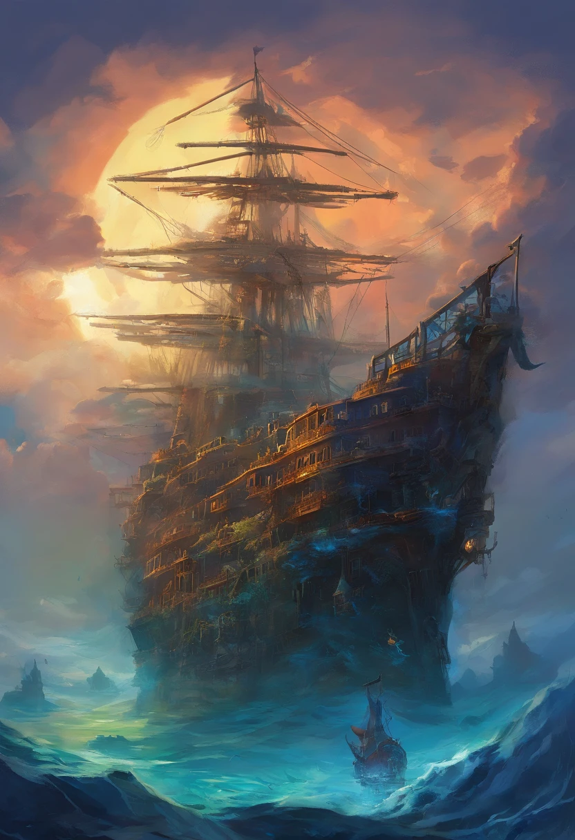 (Deep blue sea:1.5),(//Dilapidated ghost ship:1.3//)+(A giant ship that has sunk to the seabed:1.3),Schools of glowing fish,Green seaweed。Cold and lonely,Solitude,darkly,Shipwreck remains,
