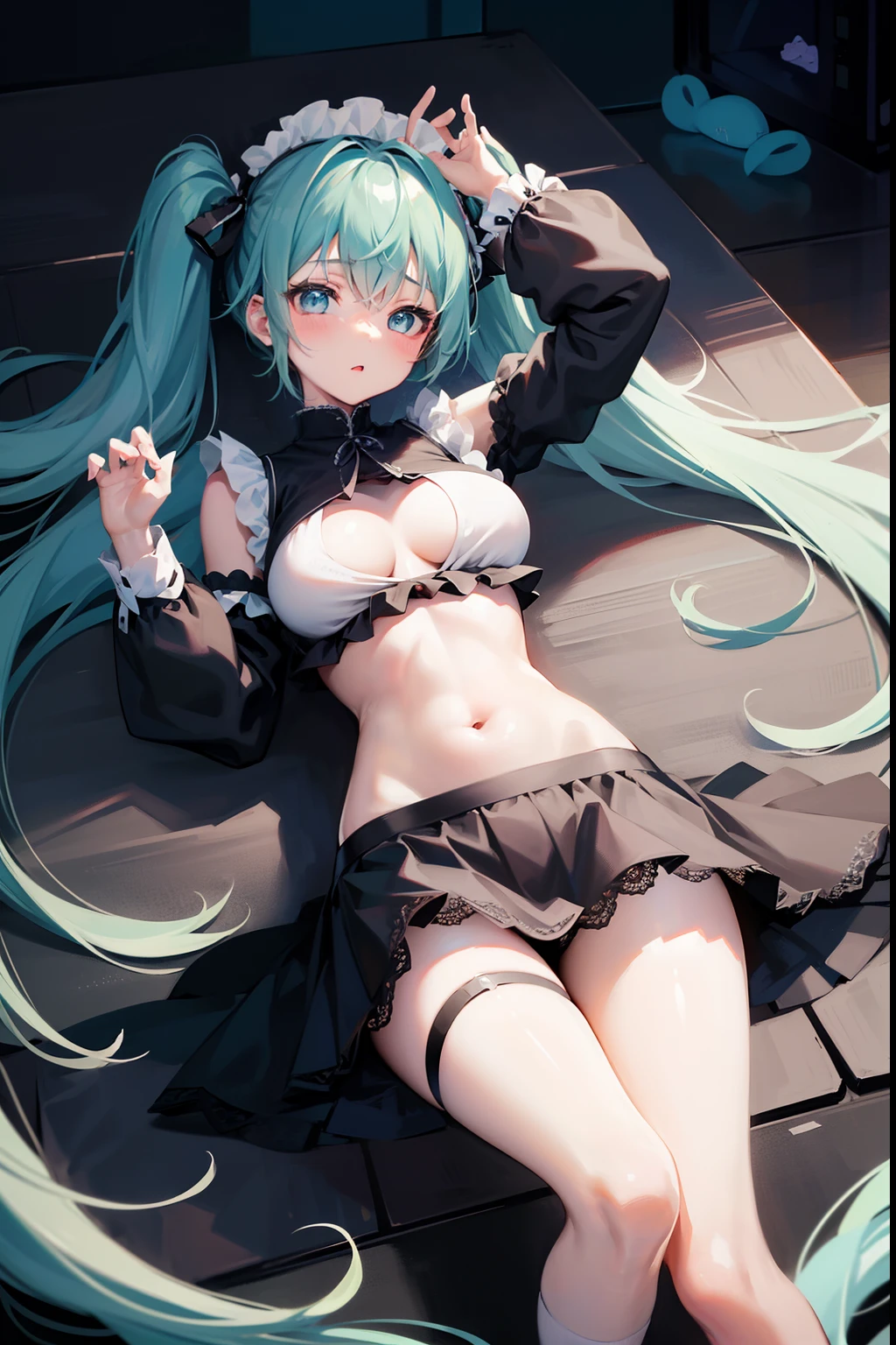miku hatsune、top-quality、one girls、Cute Maid Clothes、(Black lace panties)、、very big boobs、Short cute skirt、The skirt is rolled up.、Pants are visible