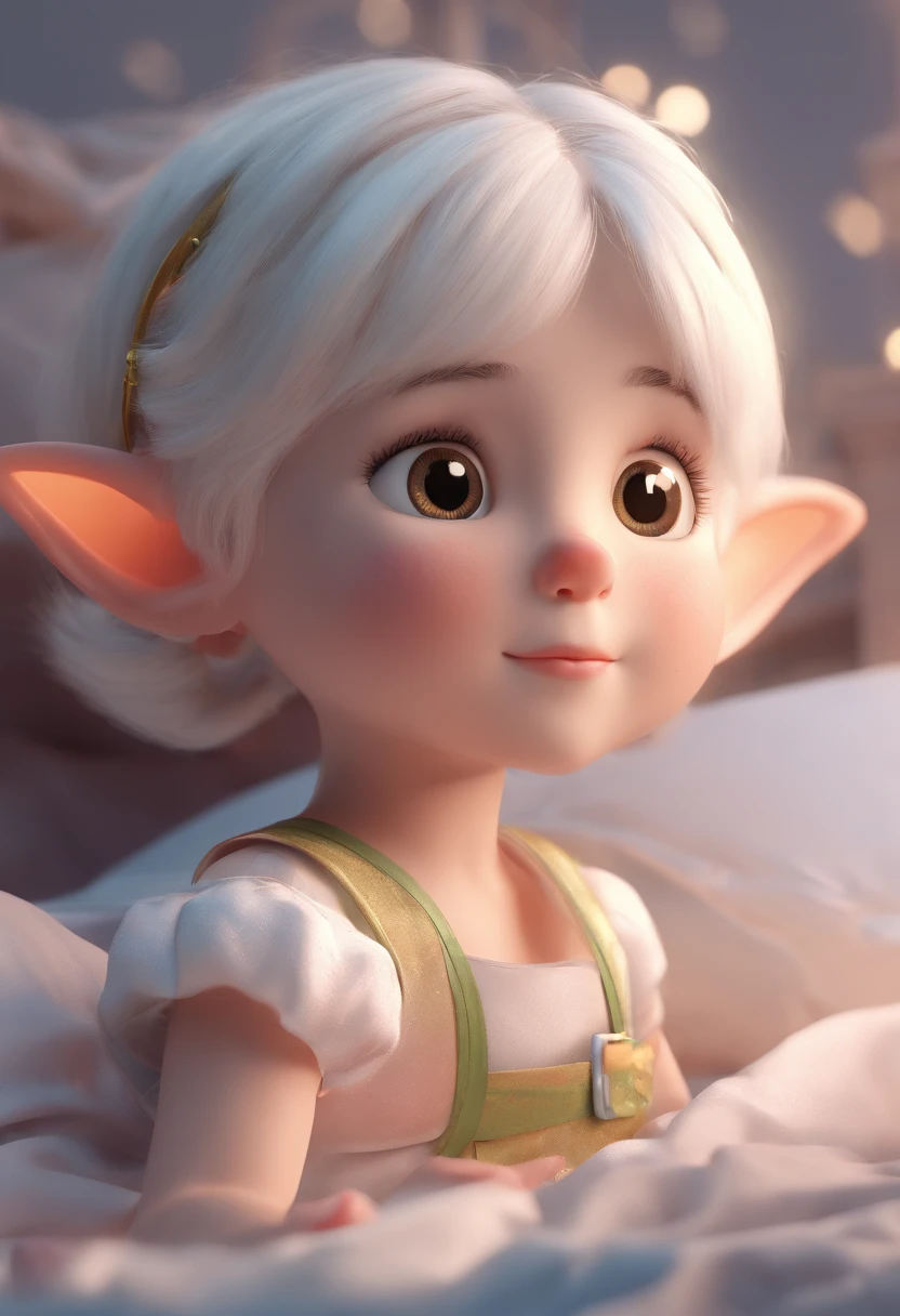 1 little girls, short white hair, elf ear, white dress, sleep in bed
