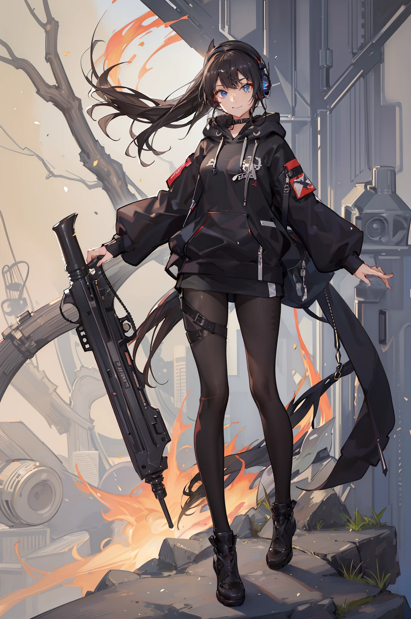 masterpiece, highres, best quality, black hoodie, 1girl, solo, brown hair, smile, blue eyes, high quality artstyle, ultra detailed, black leggings, quality shadows, 8K, ponytail, headphones,(punishing gray raven)