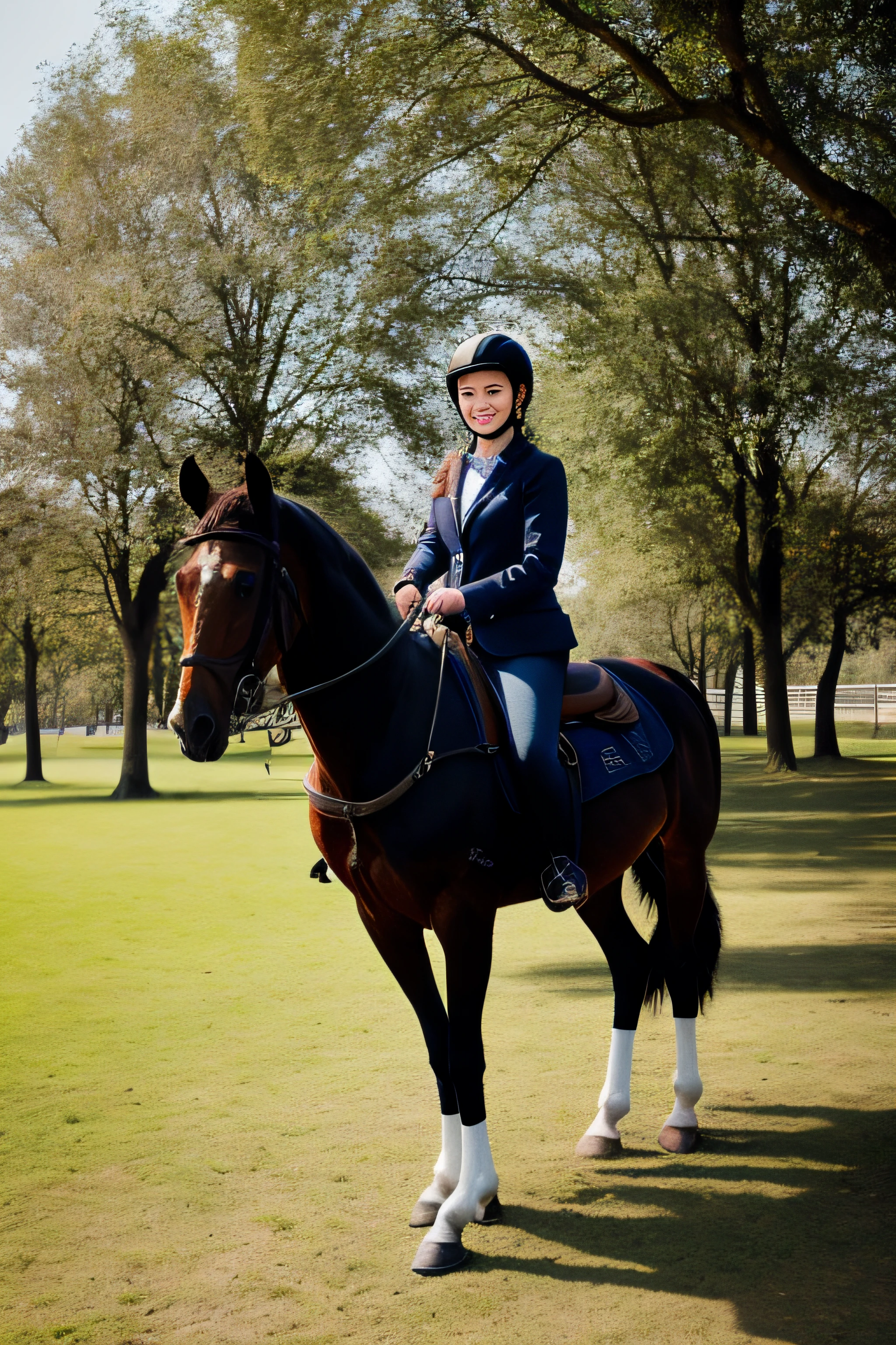 horse riding,1girl, moyou,18 yo,full body,(Pure white background:0.8), professional photograph,park,sunny day,