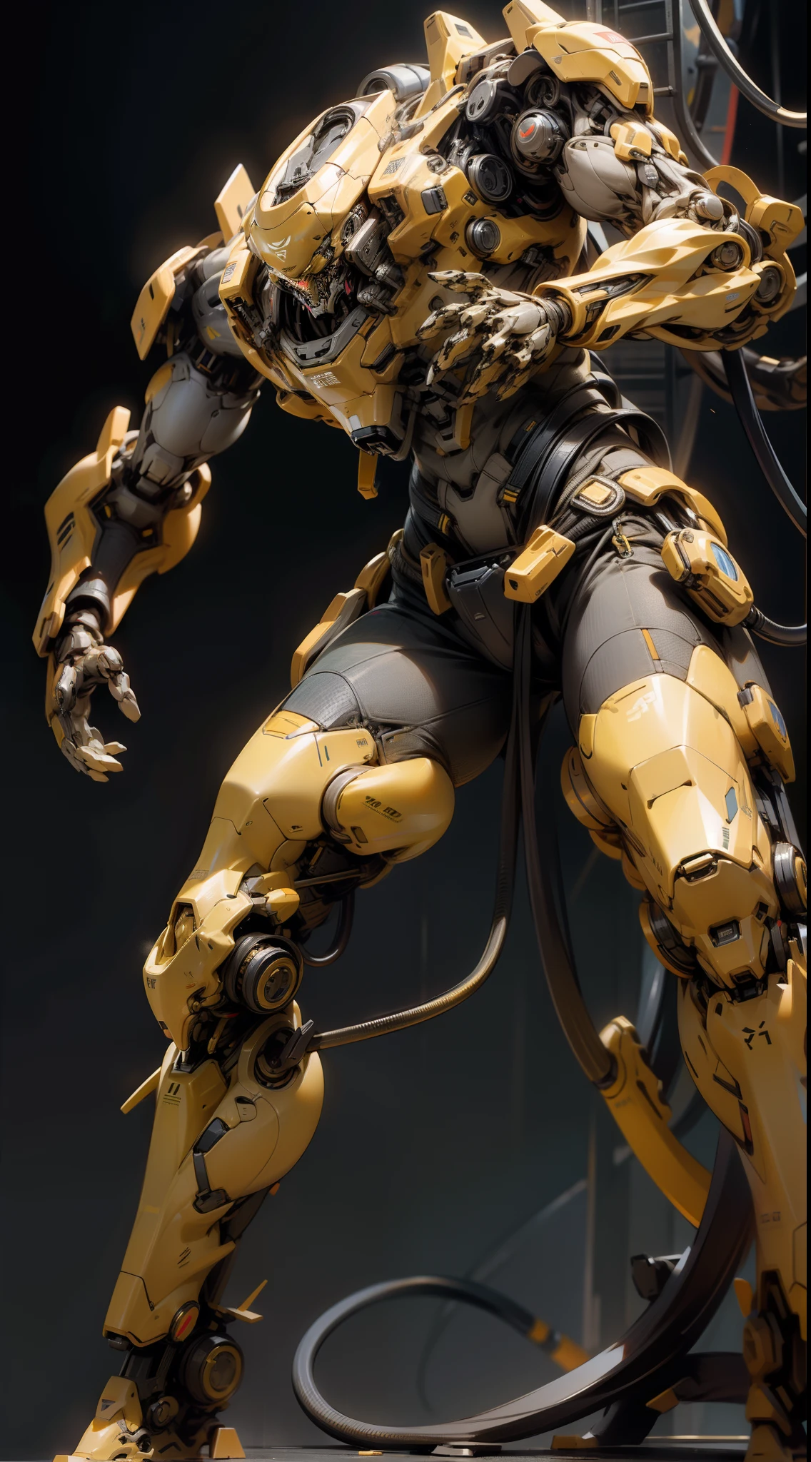 Ultra Realistic Single Yellow Male Mech Character in action with highly detailed body part, technical body structure, Proper image